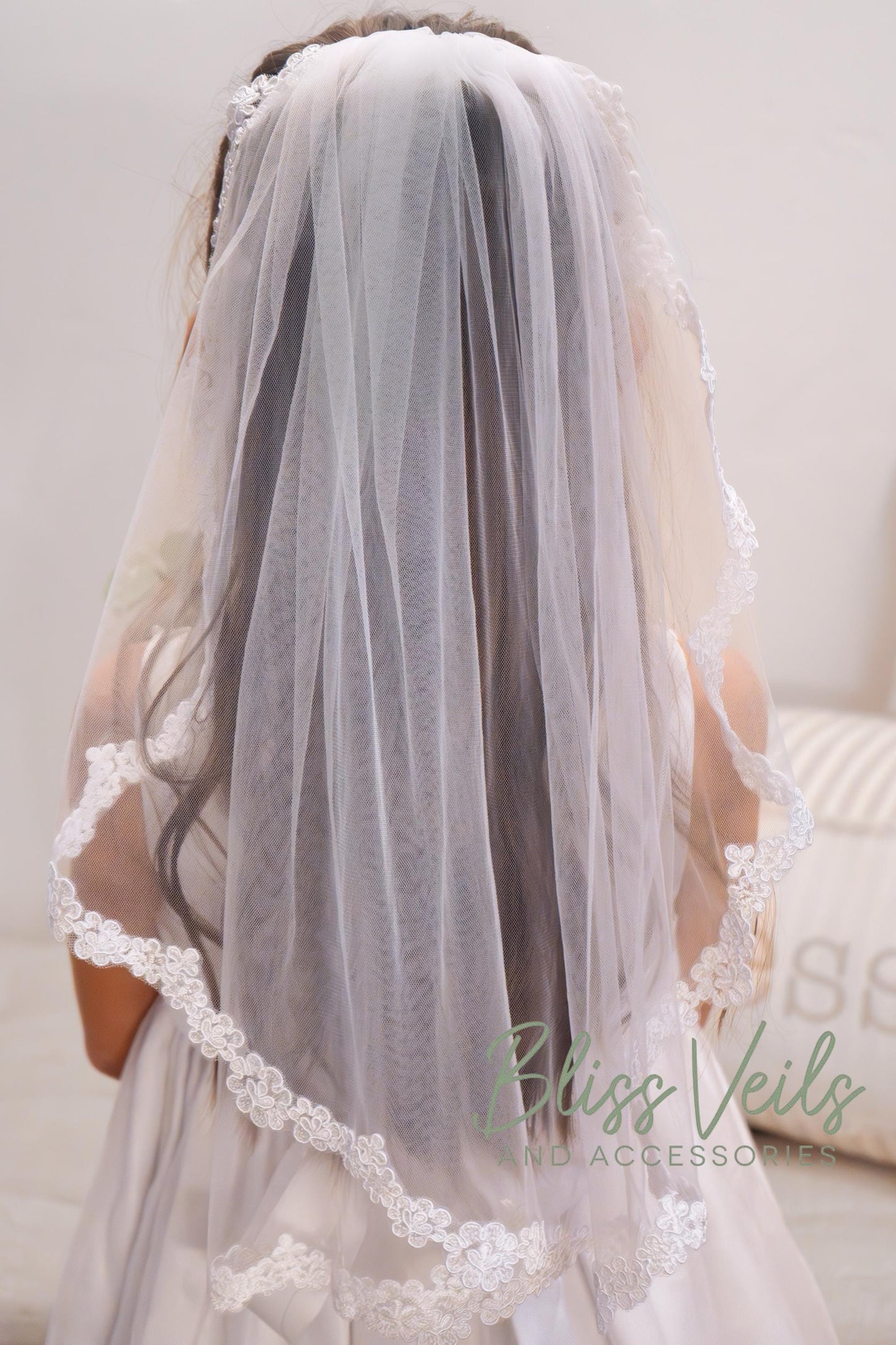 First Communion veil with scalloped lace edge in bright or soft white