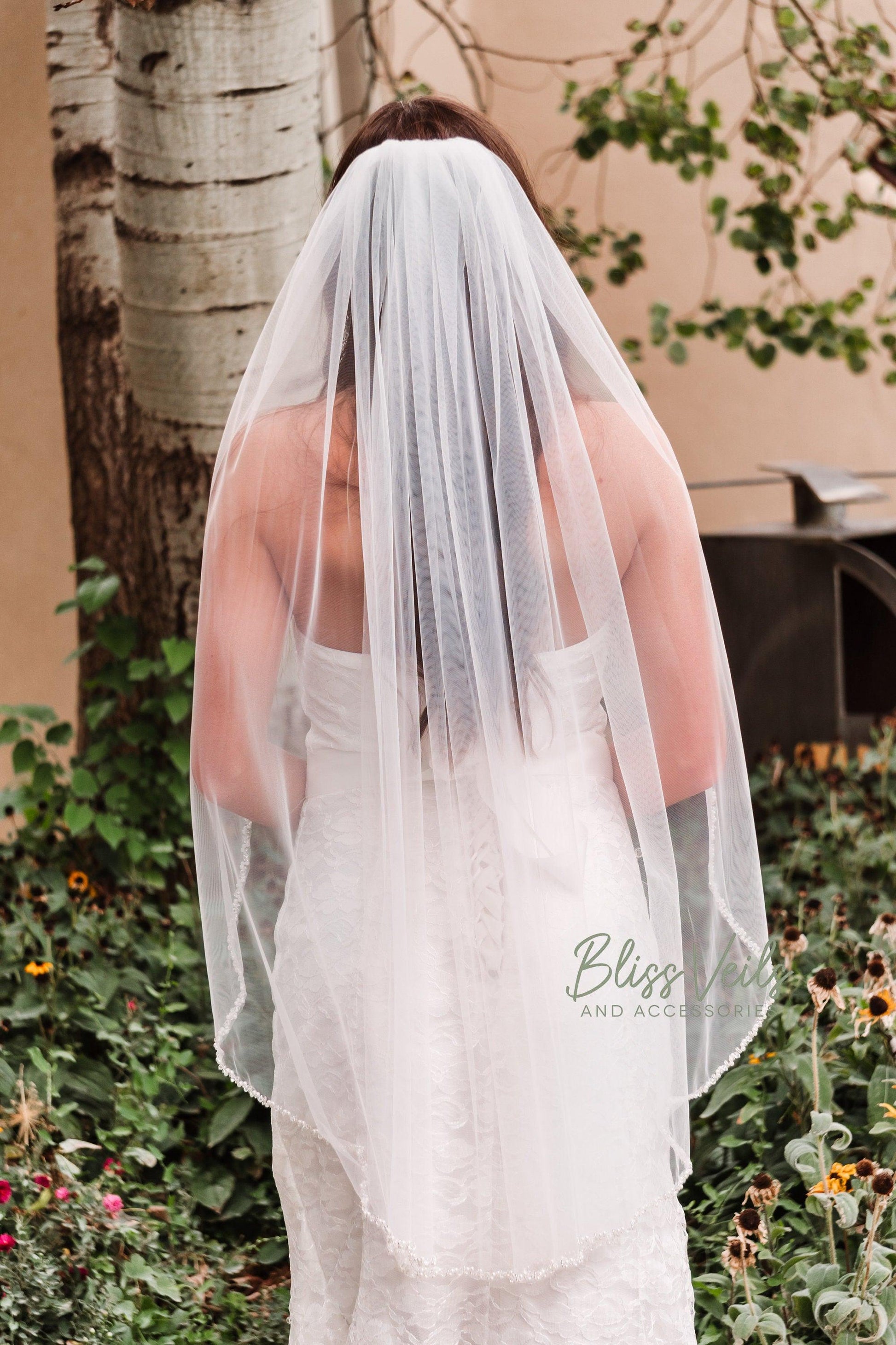 Beaded Fingertip Wedding Veil: Soft Tulle, Pearl Trim, Cathedral Length