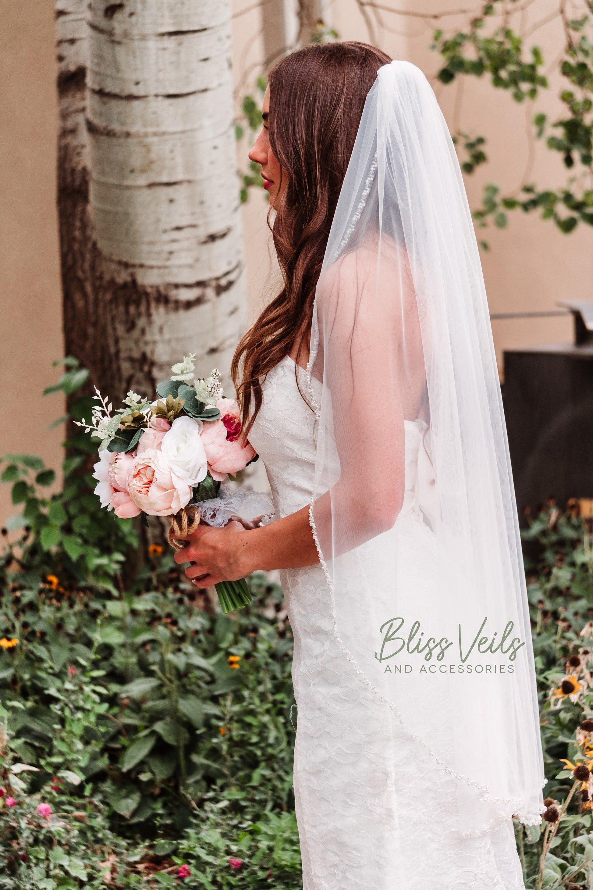 Beaded Fingertip Wedding Veil: Soft Tulle, Pearl Trim, Cathedral Length