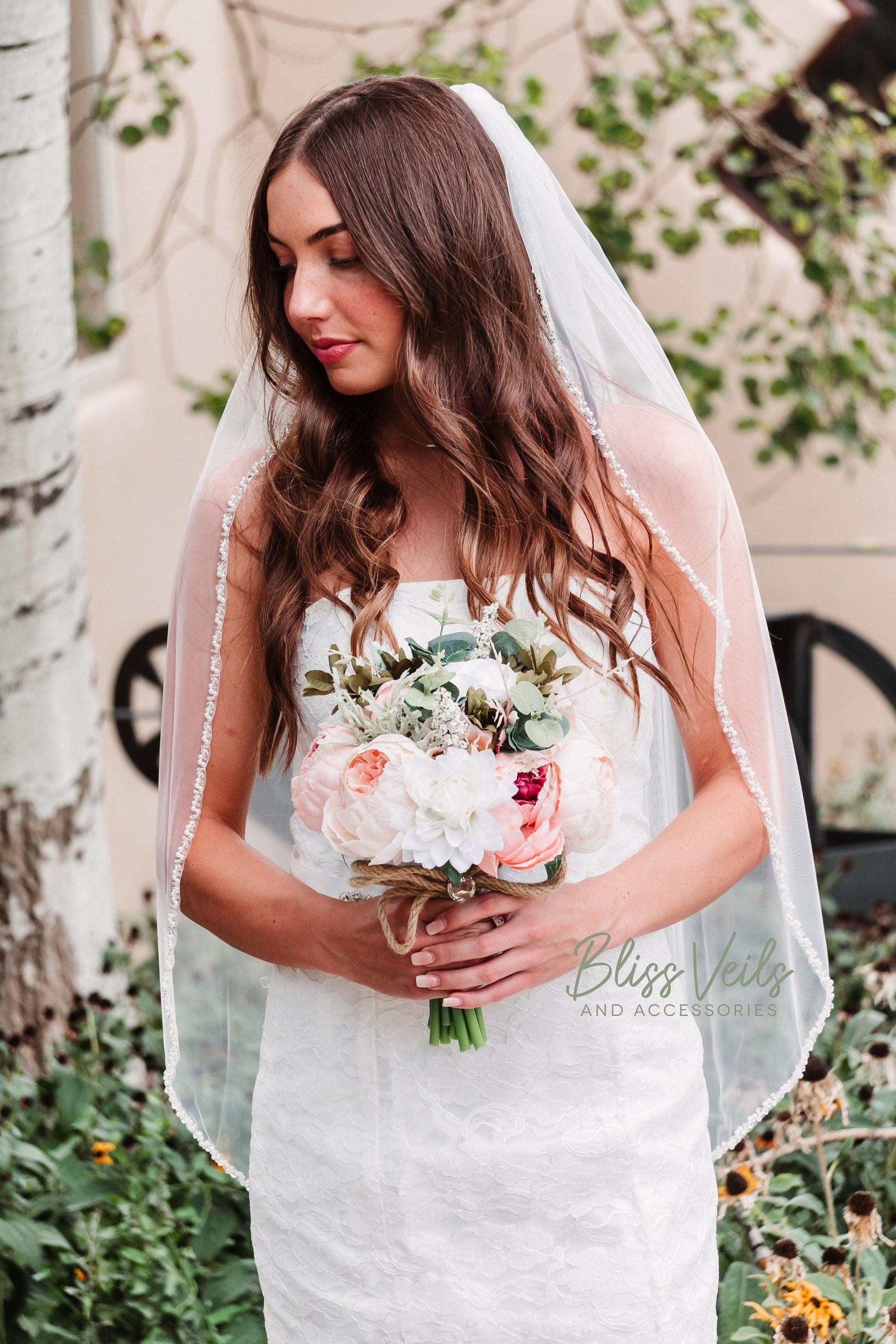 Beaded Fingertip Wedding Veil: Soft Tulle, Pearl Trim, Cathedral Length