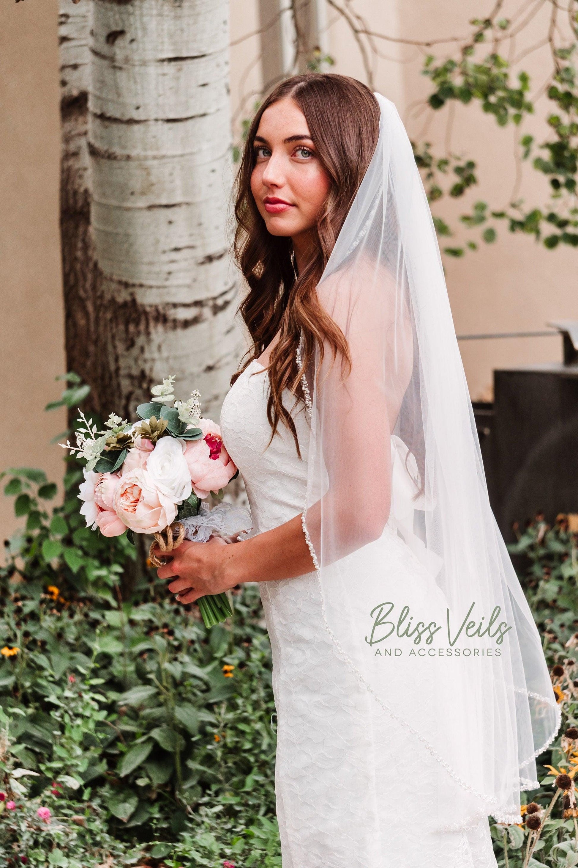 Beaded Fingertip Wedding Veil: Soft Tulle, Pearl Trim, Cathedral Length