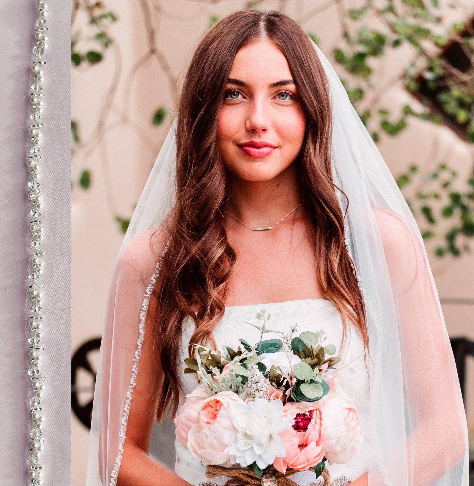 Beaded Fingertip Wedding Veil: Soft Tulle, Pearl Trim, Cathedral Length