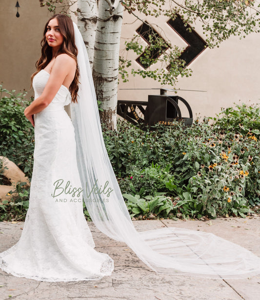 Crystal beaded one tier wedding veil made with soft tulle