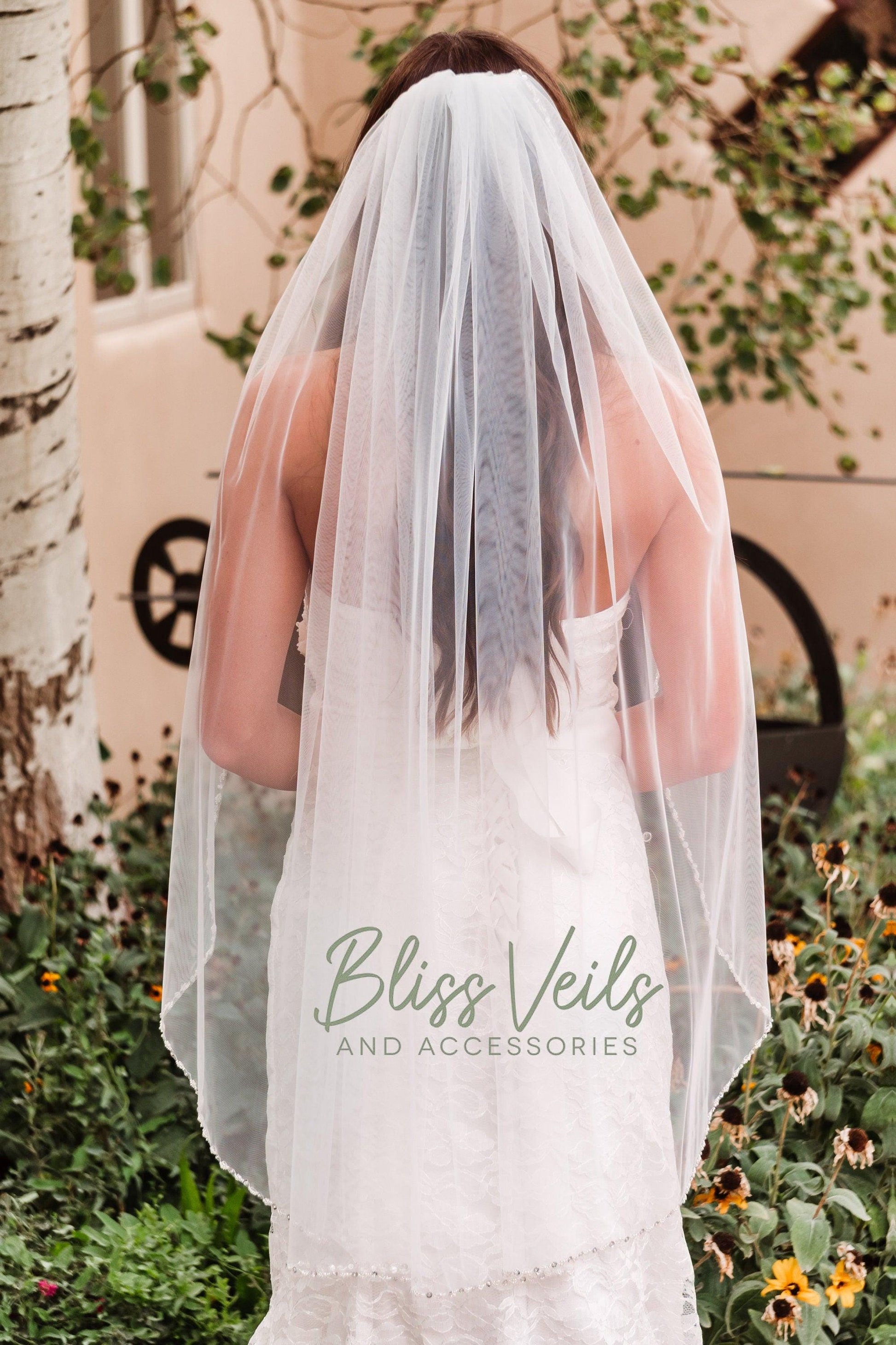 Crystal Beaded Wedding Veil: Fingertip or Cathedral Length, Off White or Ivory Tulle