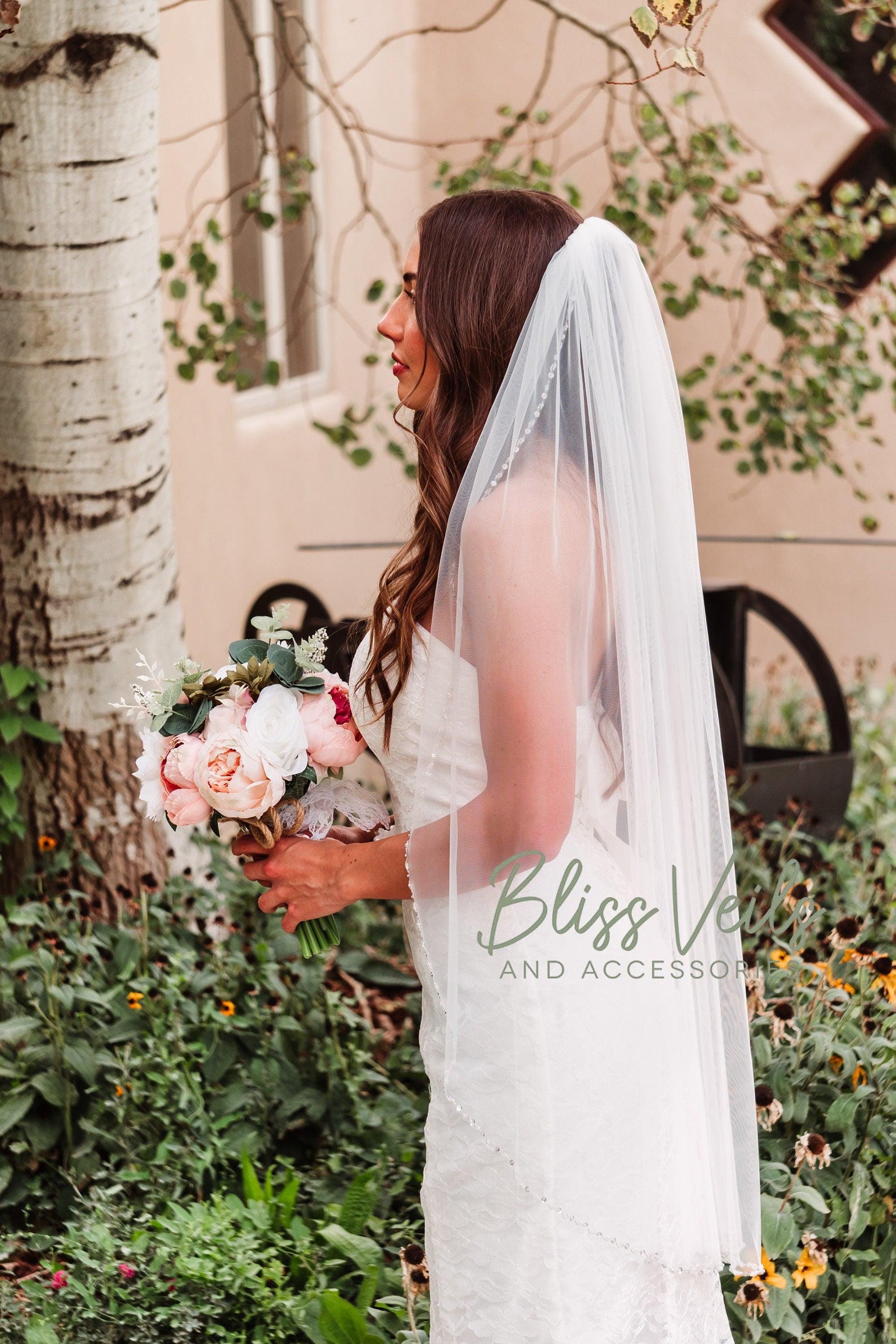 Crystal Beaded Wedding Veil: Fingertip or Cathedral Length, Off White or Ivory Tulle