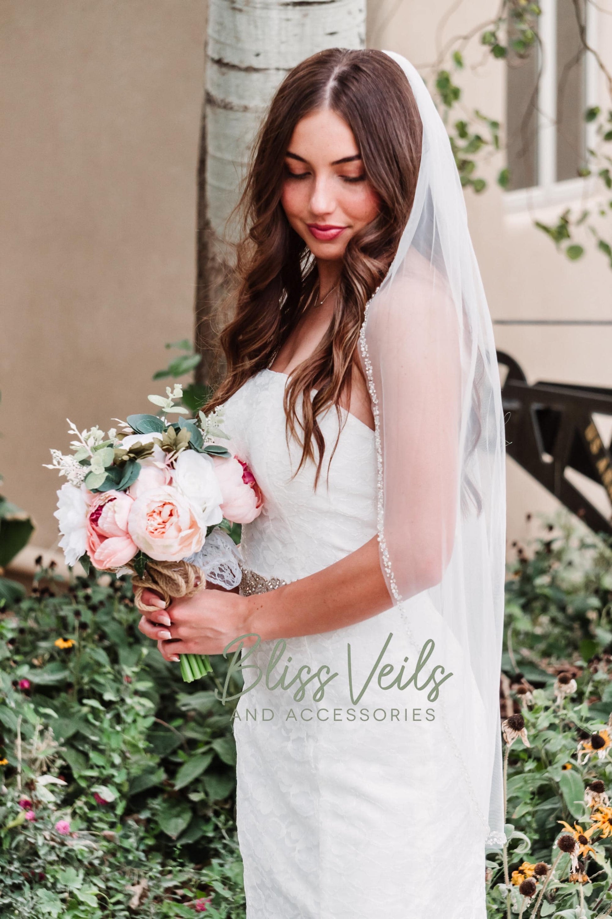 Crystal and Pearl Beaded Wedding Veil: Fingertip or Cathedral Length