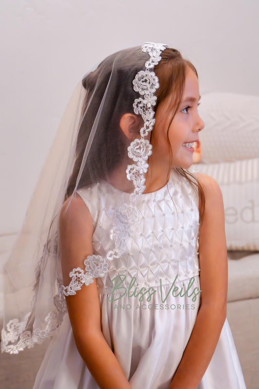 First Communion floral lace mantilla veil with soft tulle and delicate lace trim in bright white