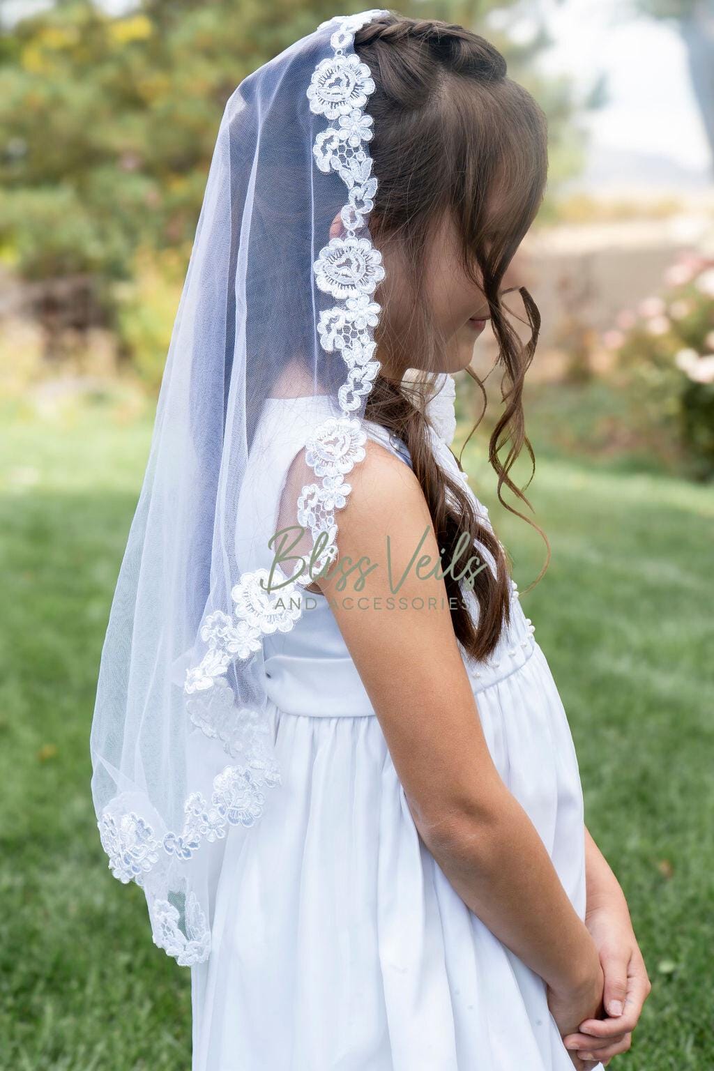 First Communion Floral Lace Mantilla Veil Soft Tulle