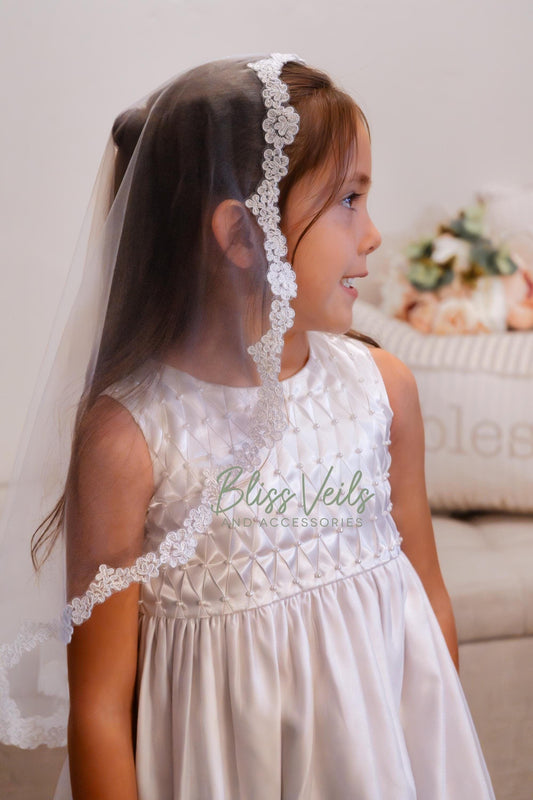 First Communion mantilla veil in soft tulle with thin lace trim, available in bright white or soft white for Catholic girls