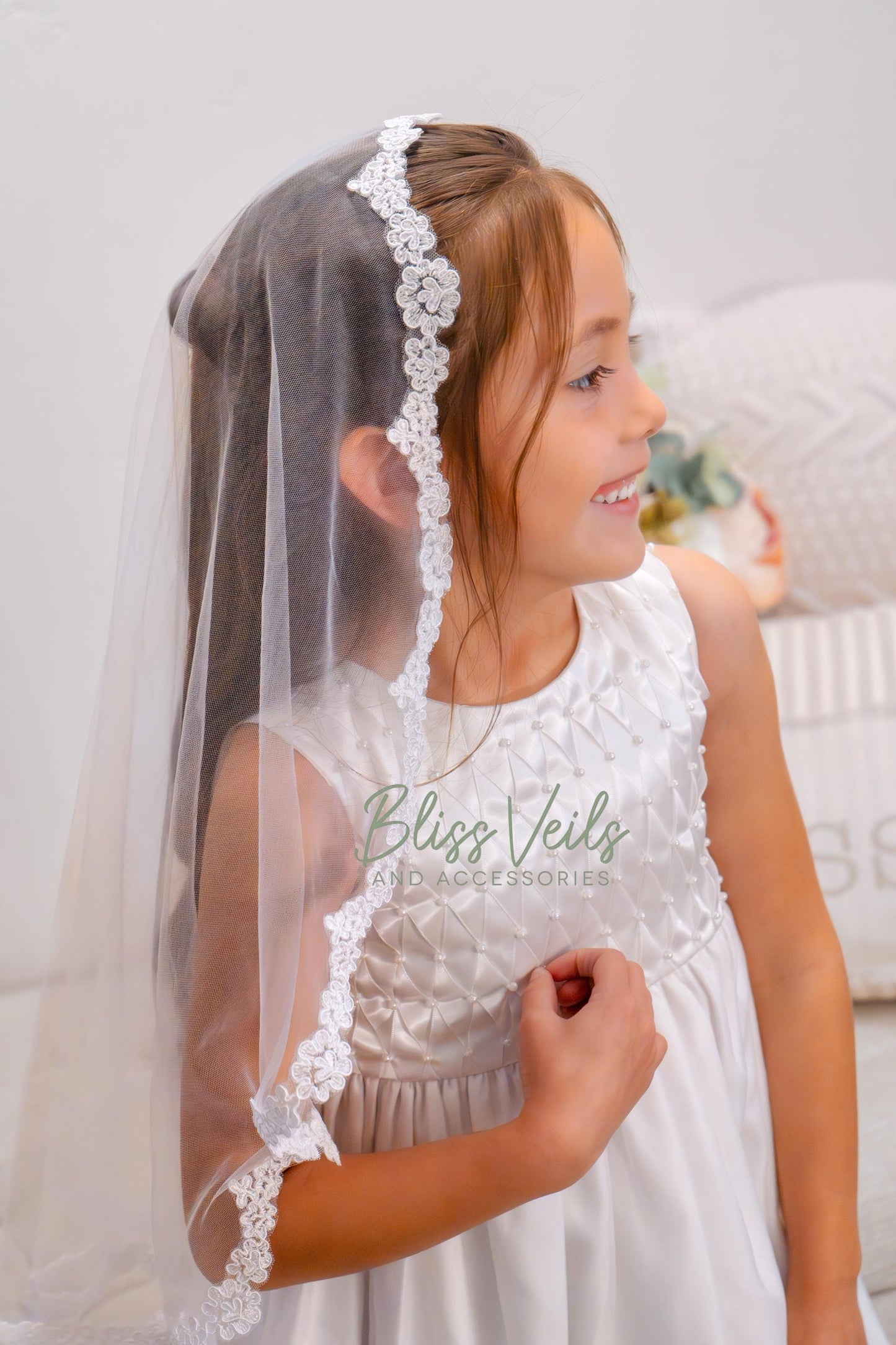 First Communion Mantilla Veil: Scalloped Lace Edge, Soft Tulle