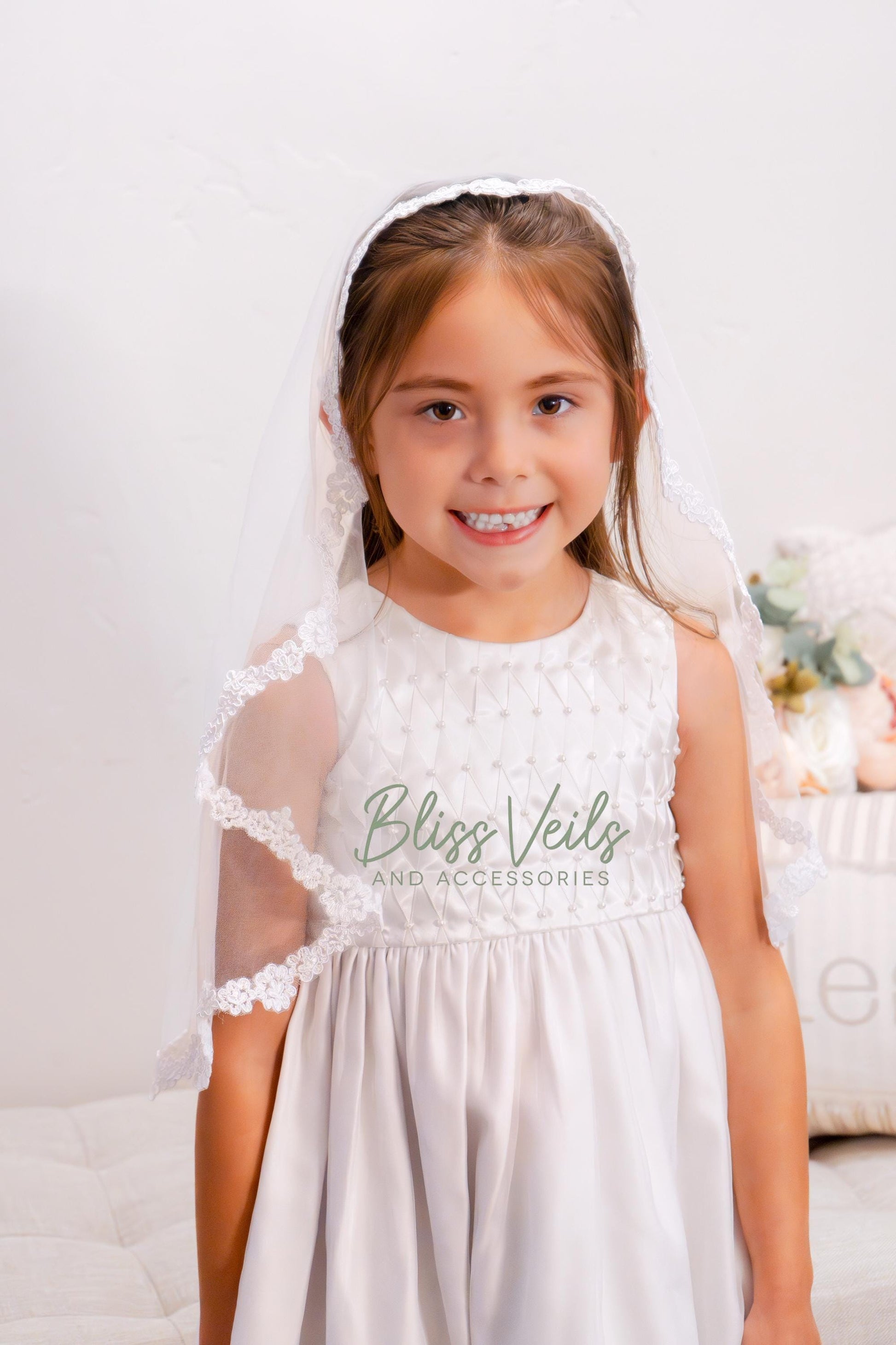 First Communion Mantilla Veil: Scalloped Lace Edge, Soft Tulle