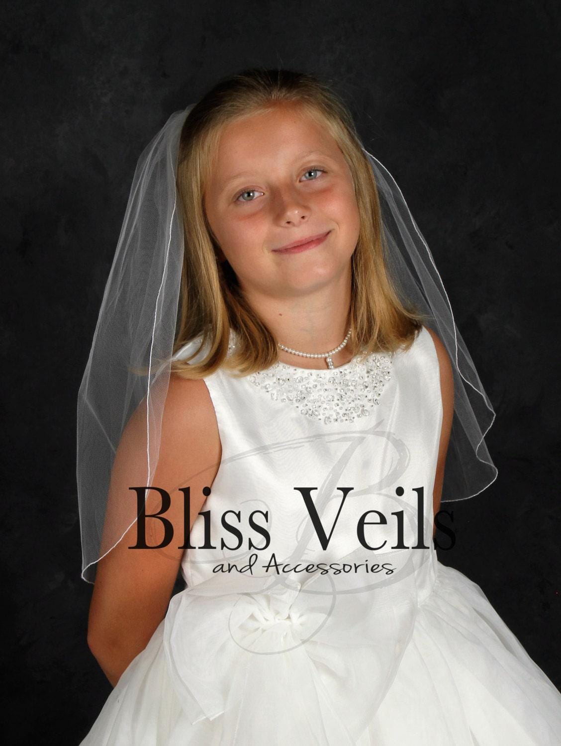 First Communion Veil: Elegant Soft Tulle, Pencil Edge