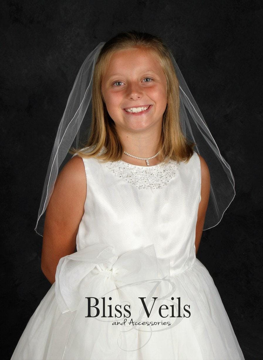 First Communion Veil: Elegant Soft Tulle, Pencil Edge