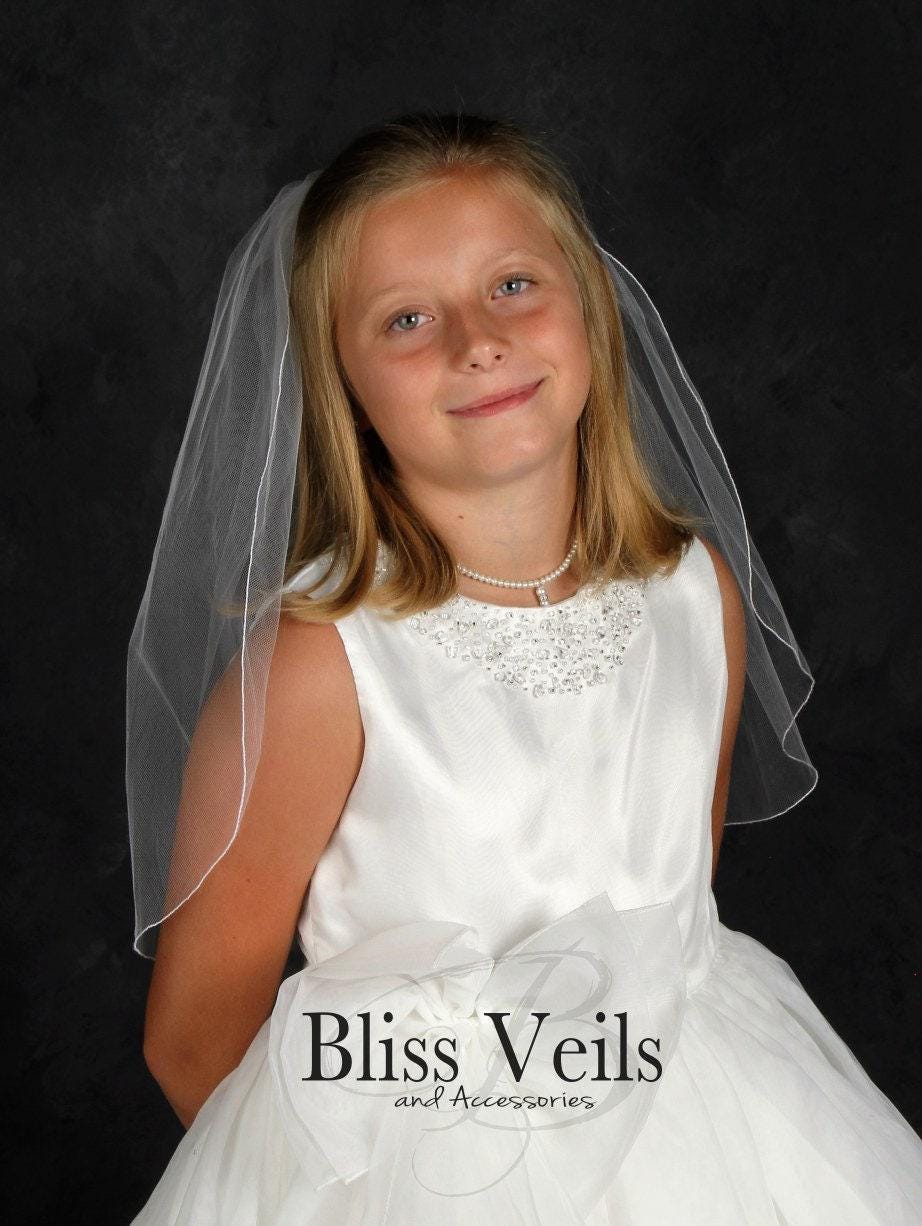 First Communion Veil: Elegant Soft Tulle, Pencil Edge