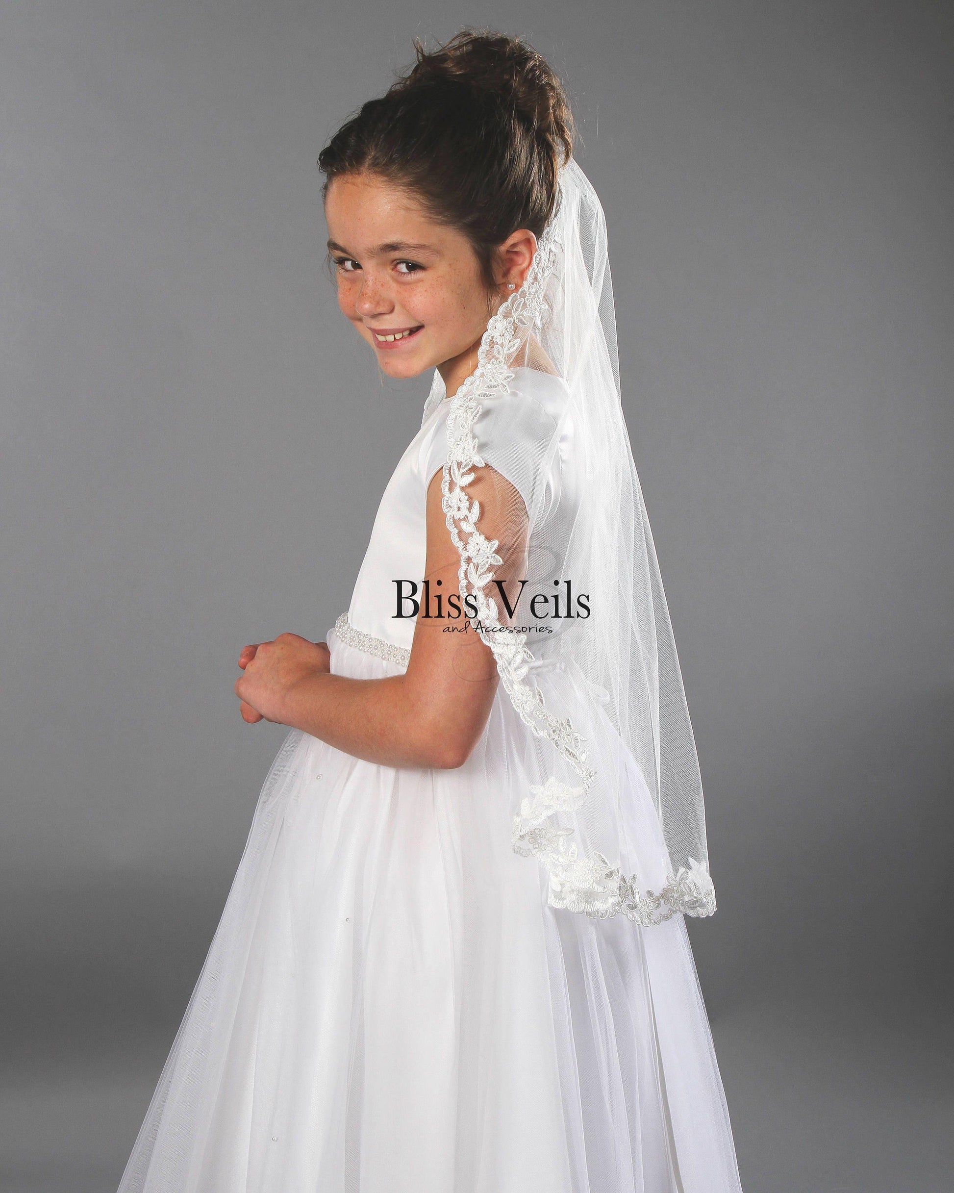 First Communion Veil: Soft Tulle with Lace Trim