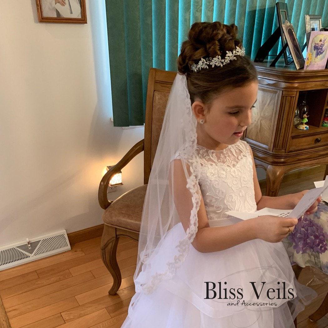 First Communion Veil: Soft Tulle with Lace Trim