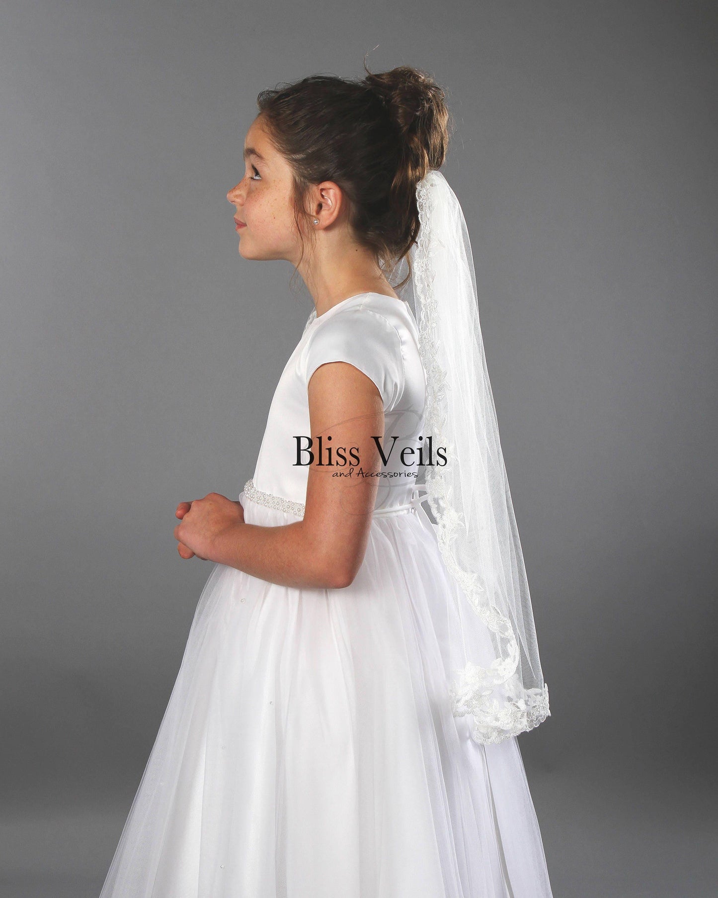 First Communion Veil: Soft Tulle with Lace Trim