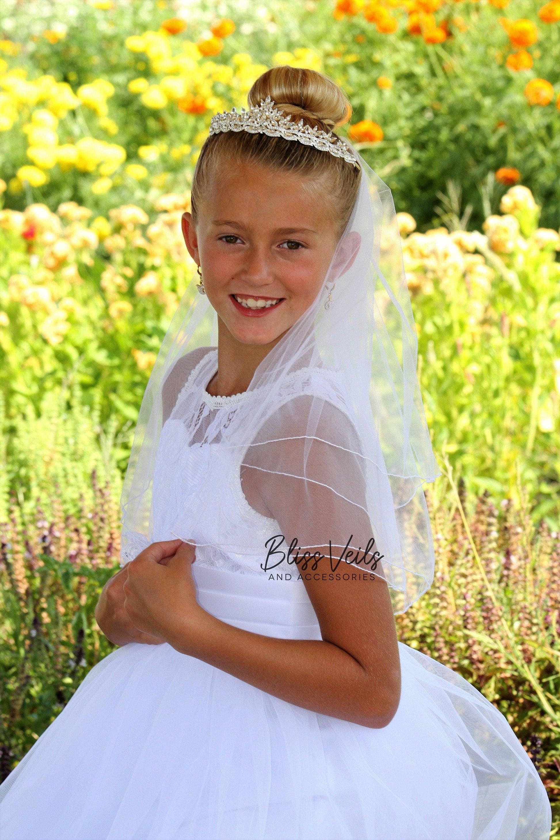 First Communion Veil with Crystal Tiara: Two-Layer Pencil Edge