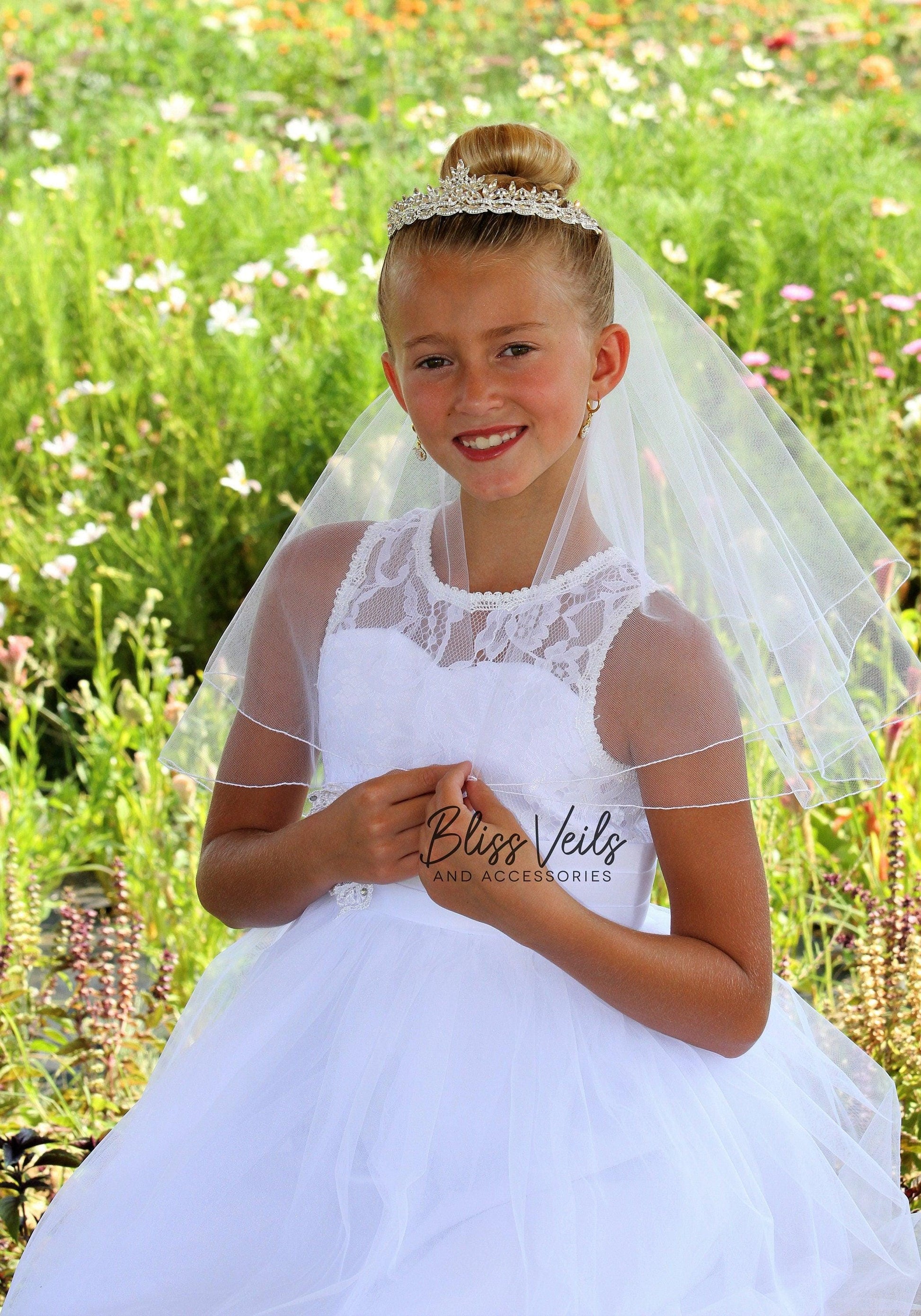 First Communion Veil with Crystal Tiara: Two-Layer Pencil Edge