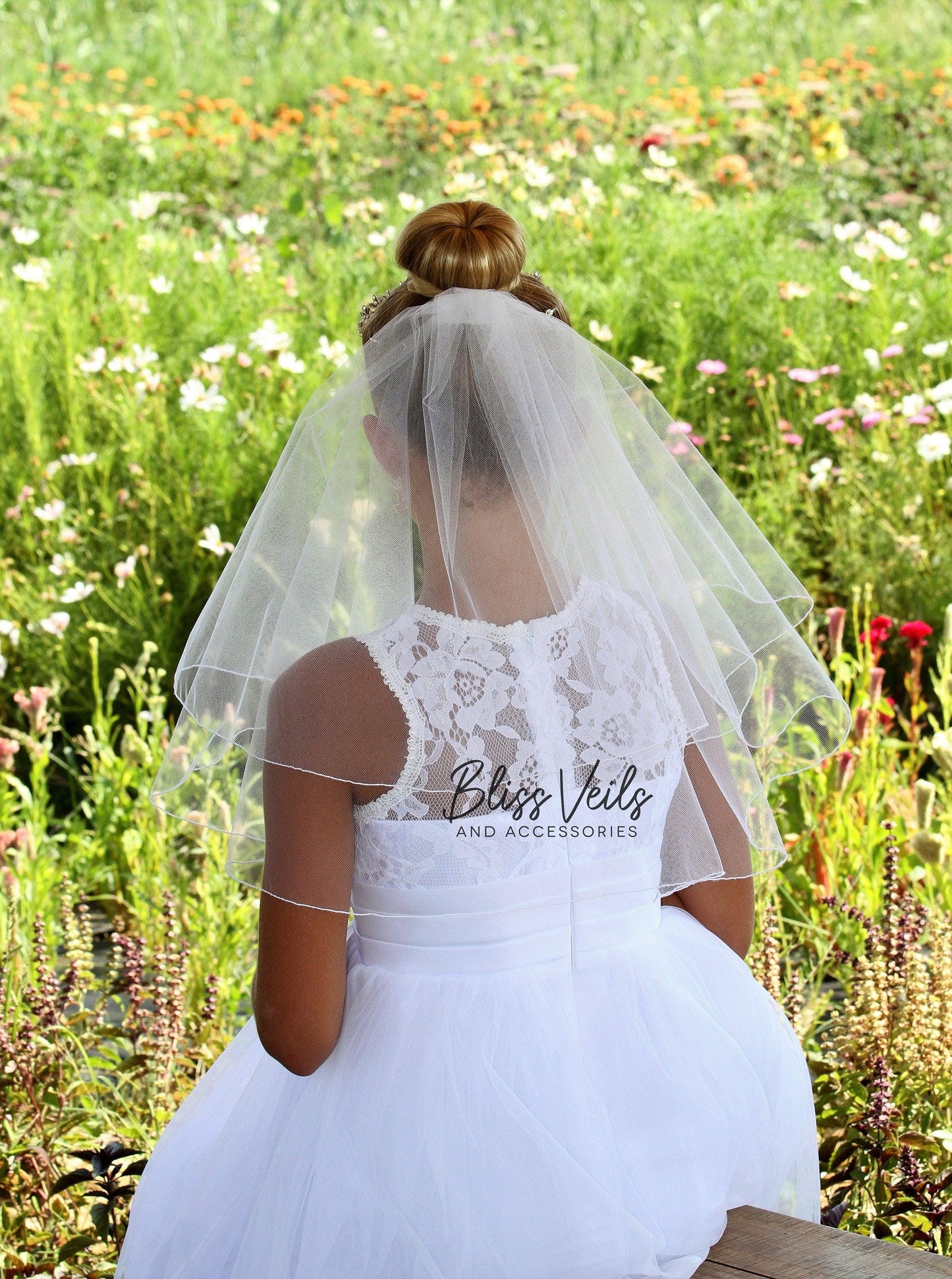 First Communion Veil with Crystal Tiara: Two-Layer Pencil Edge