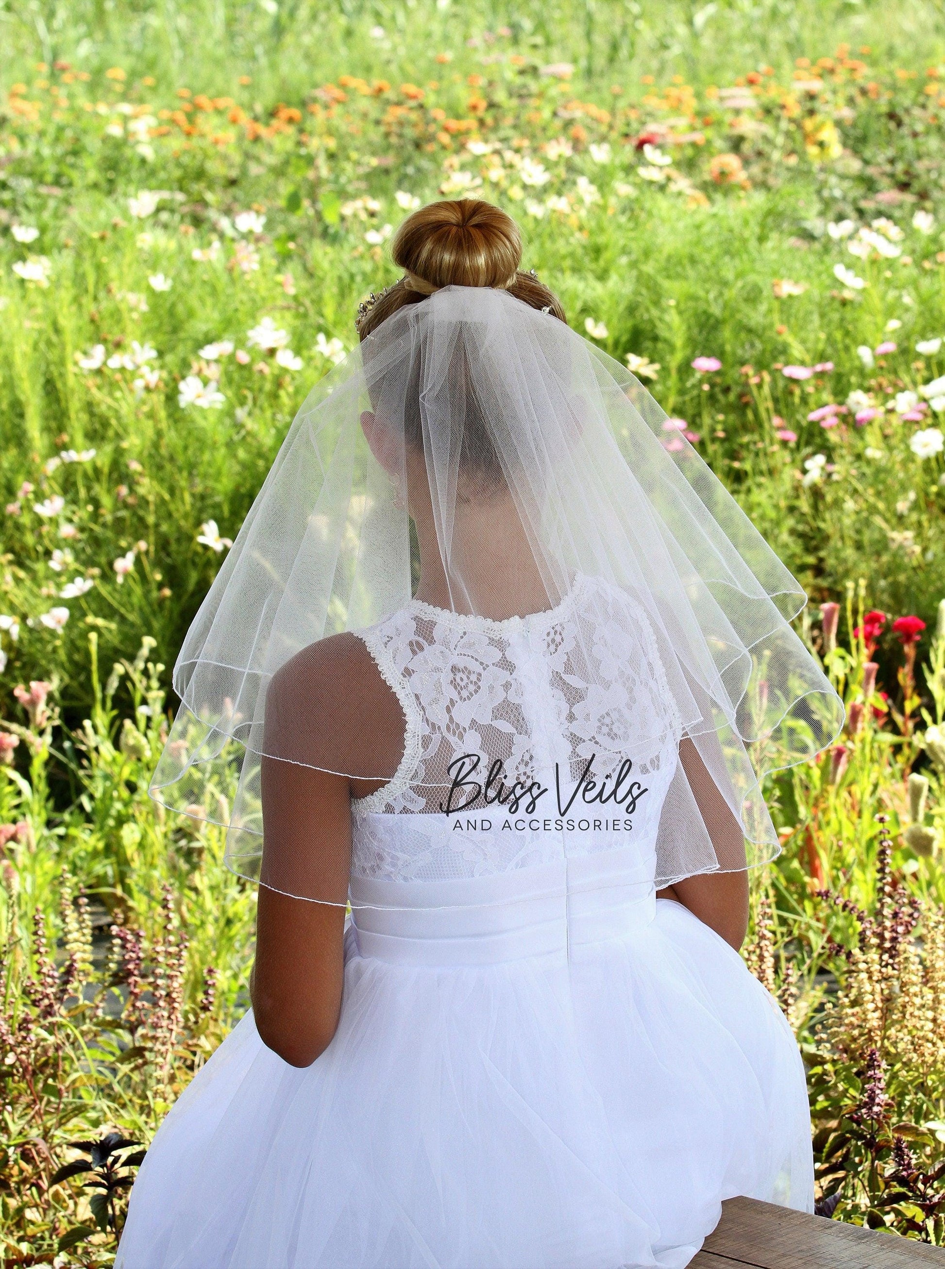 First Communion Veil with Crystal Tiara: Two-Layer Pencil Edge