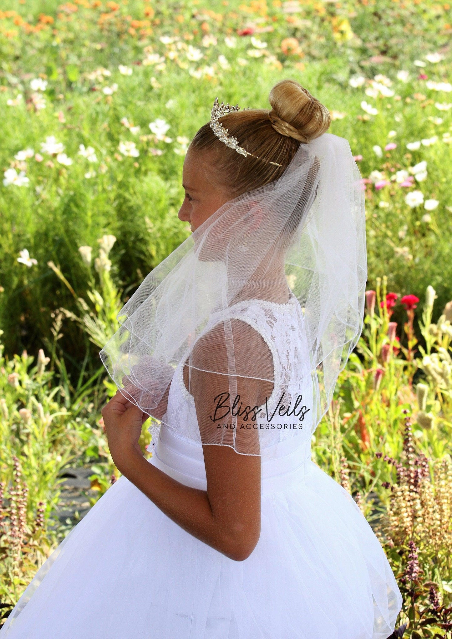 First Communion Veil with Crystal Tiara: Two-Layer Pencil Edge