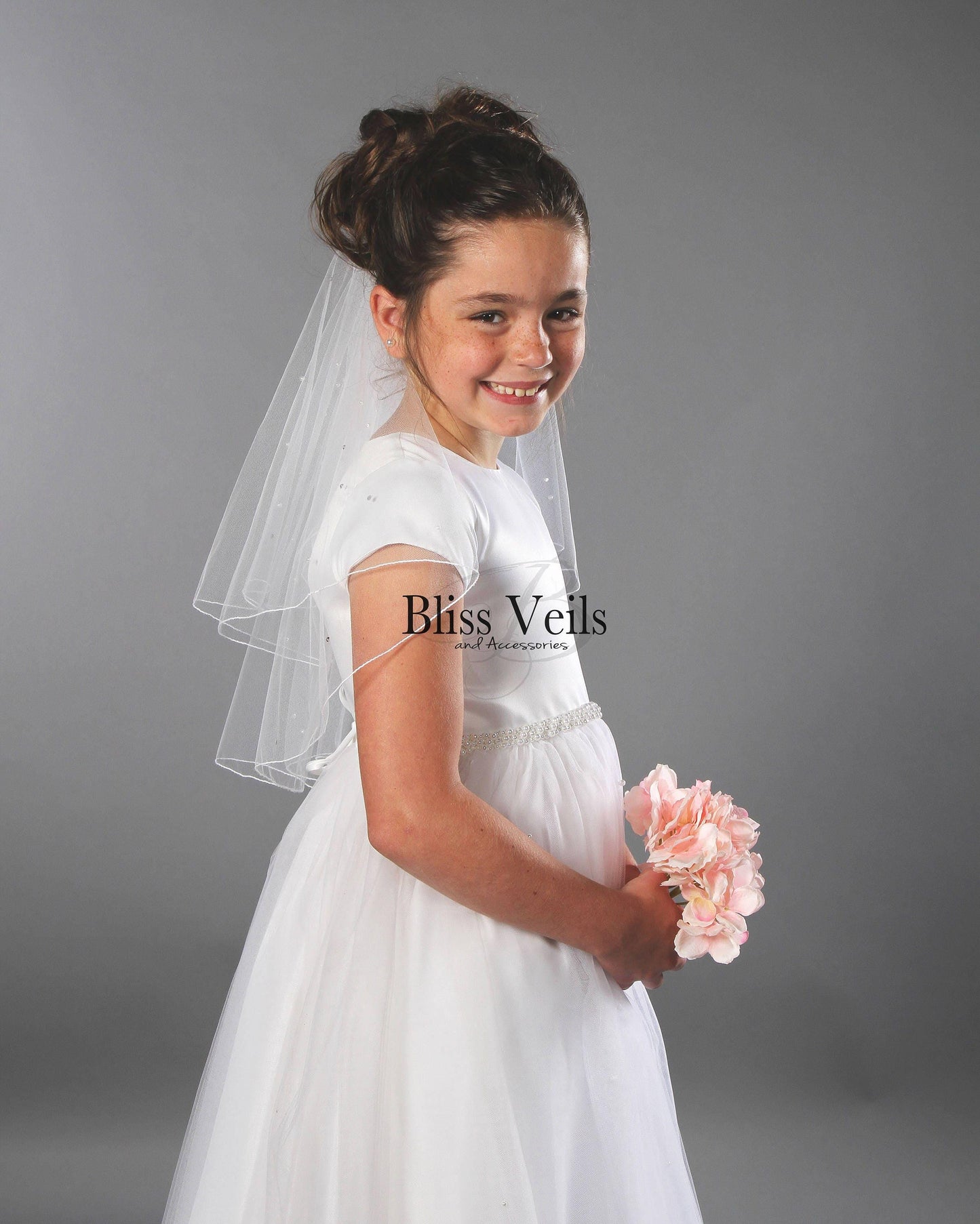 First Communion Veil with Crystals and Pearls - Pencil Edge, 2 Layer Design