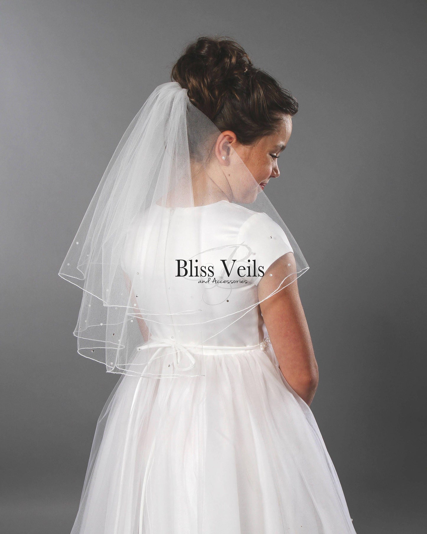 First Communion Veil with Crystals and Pearls - Pencil Edge, 2 Layer Design
