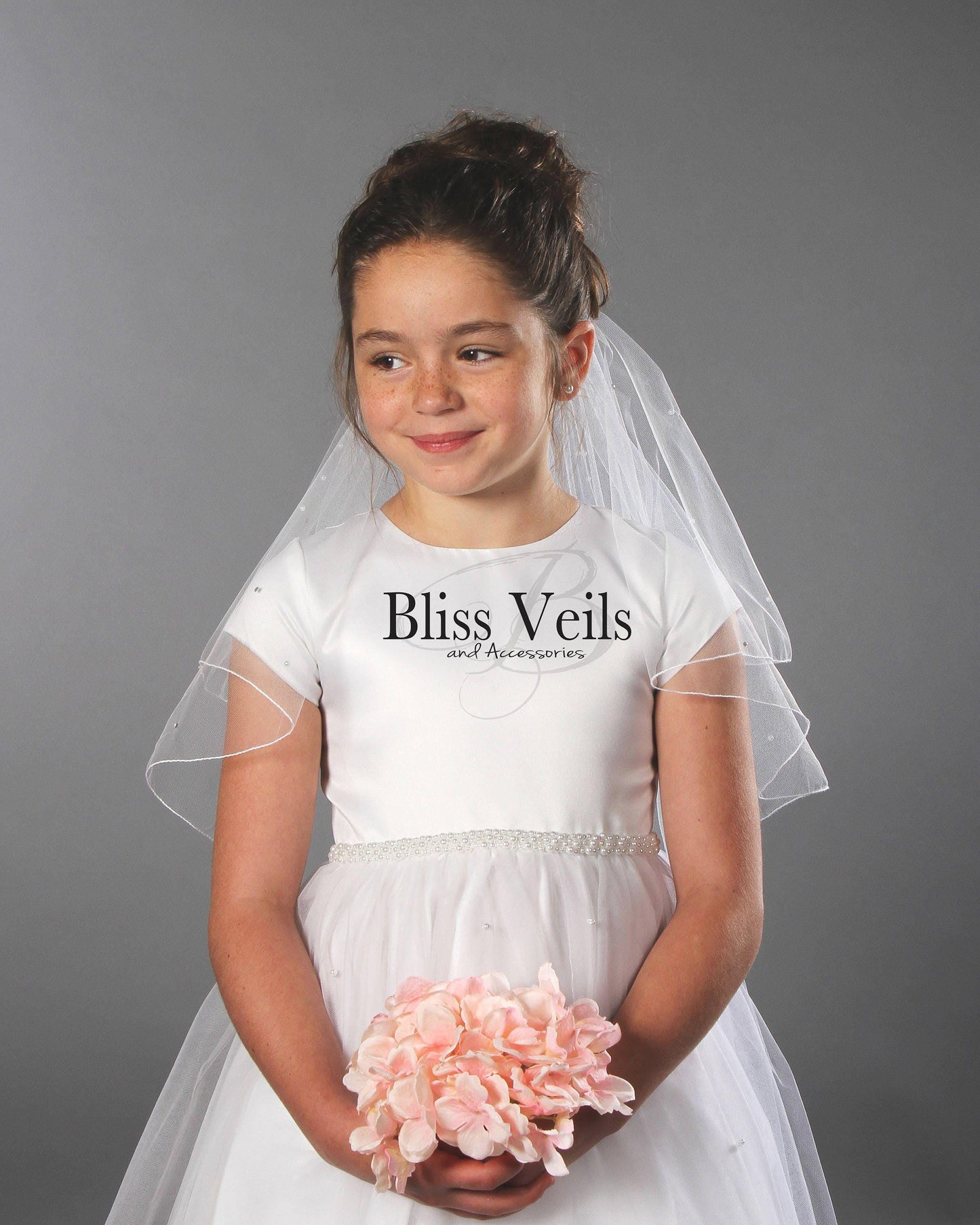 First Communion Veil with Crystals and Pearls - Pencil Edge, 2 Layer Design