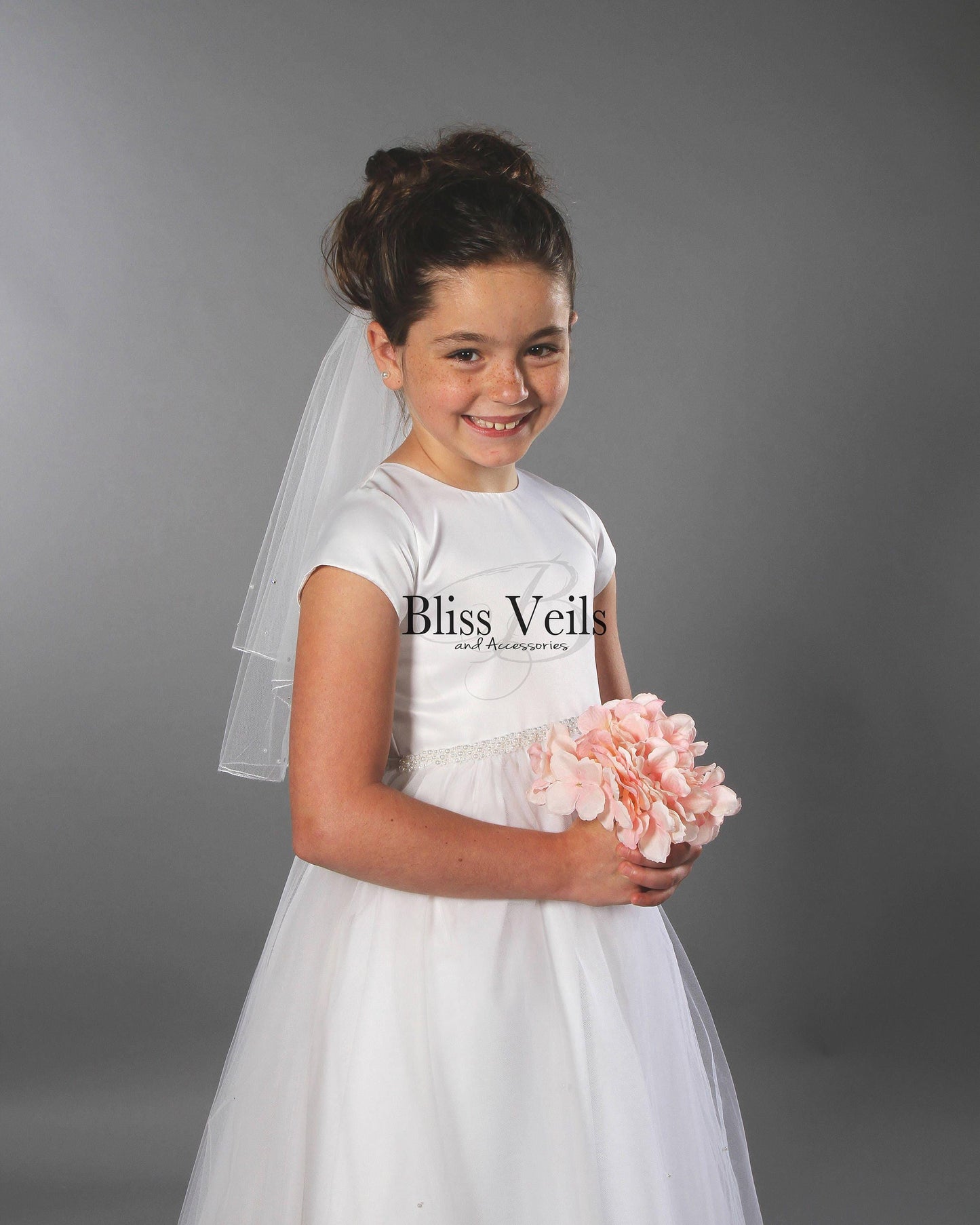 First Communion Veil with Crystals and Pearls - Pencil Edge, 2 Layer Design