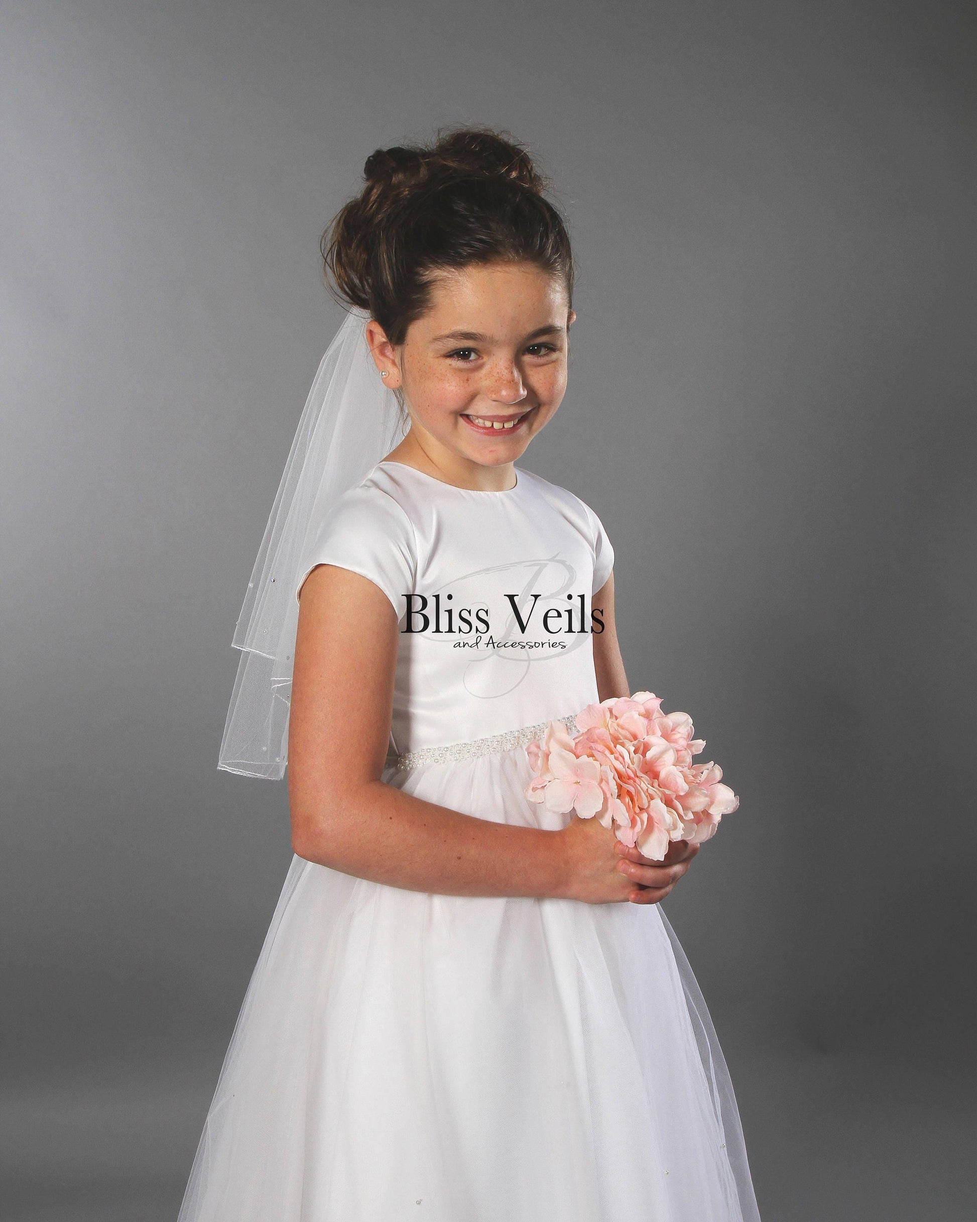 First Communion Veil with Crystals and Pearls - Pencil Edge, 2 Layer Design