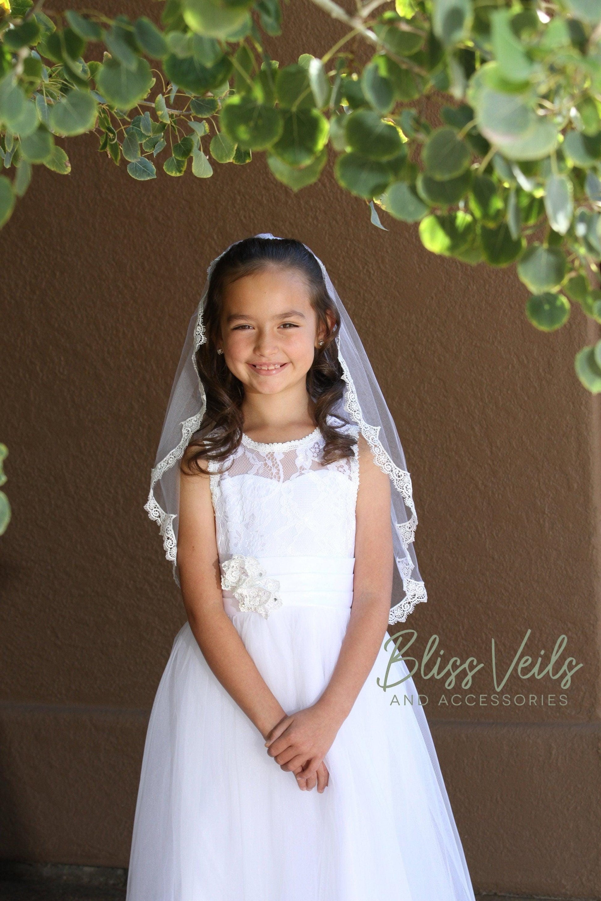 First Communion Veil with Scalloped Lace Edge