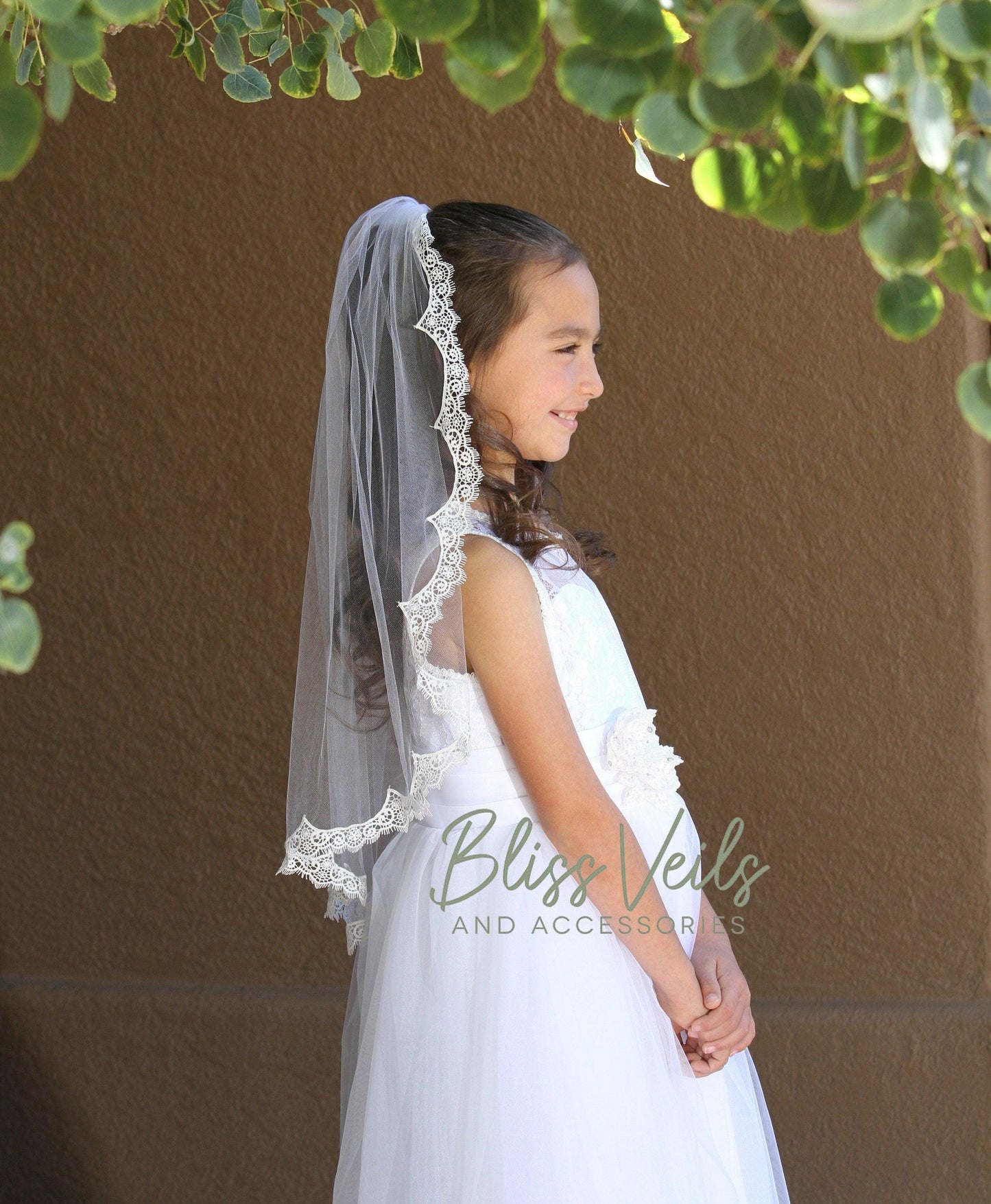 First Communion Veil with Scalloped Lace Edge
