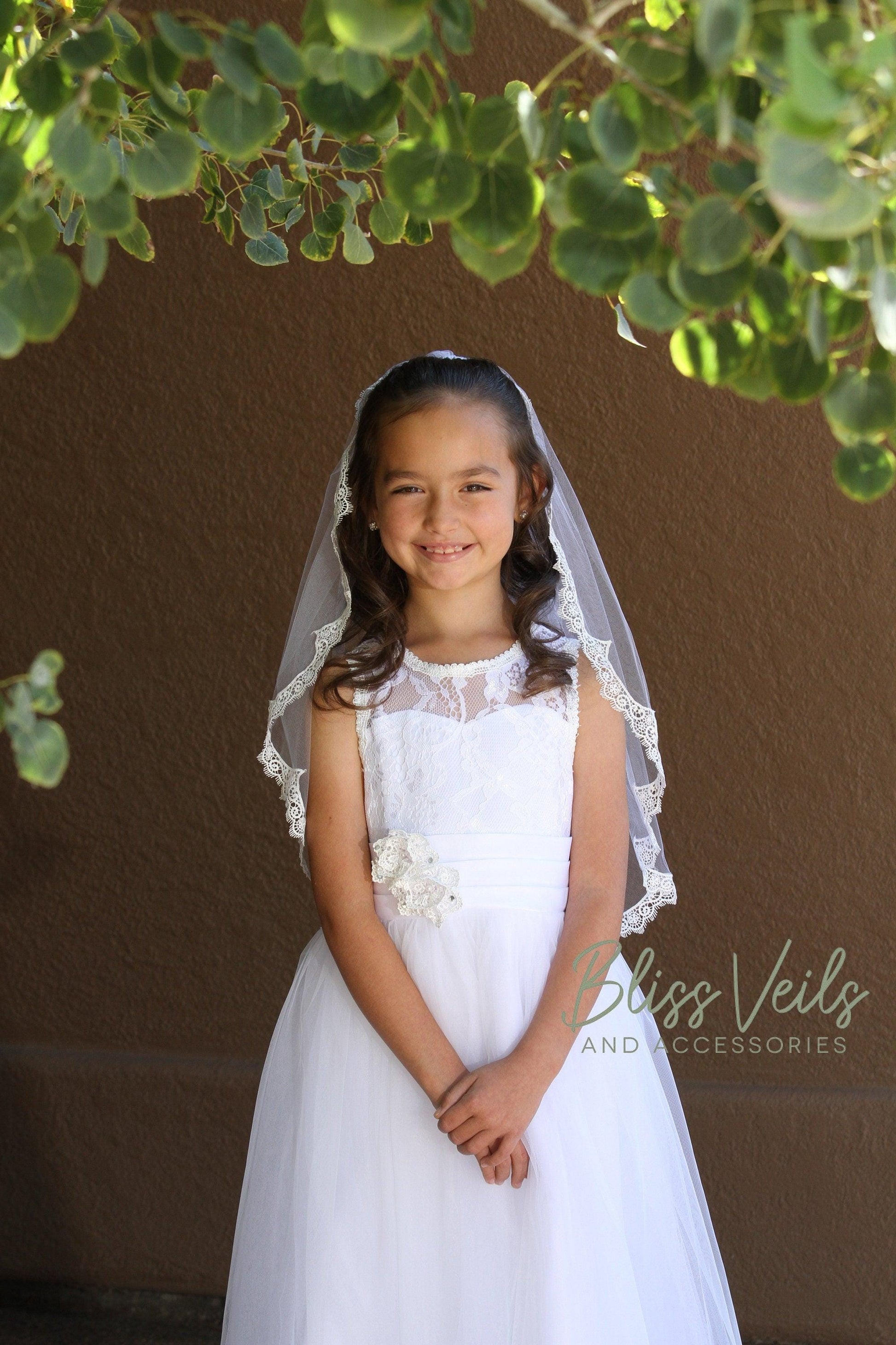 First Communion Veil with Scalloped Lace Edge
