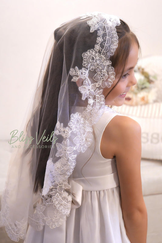 Wide lace First Communion mantilla veil for girls with Chantilly lace edge available in pure white or soft white for a traditional, elegant look.