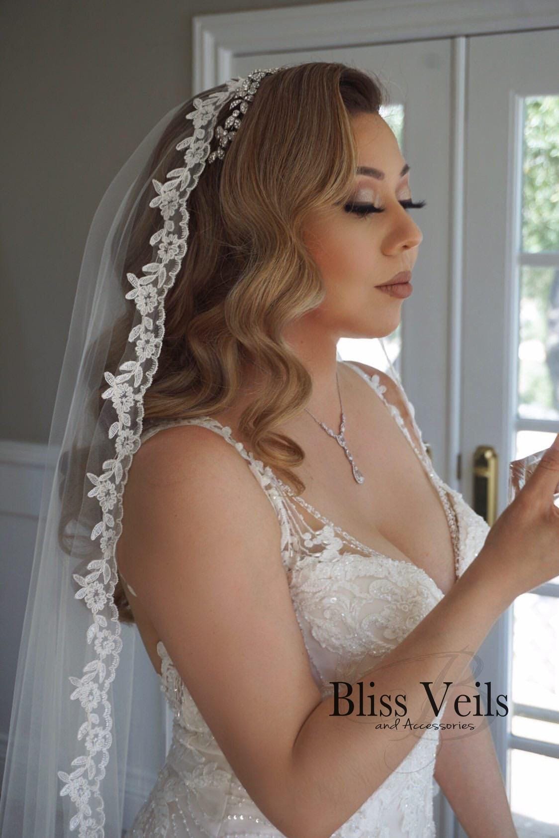 Lace Mantilla Wedding Veil: Soft White or Ivory, Fingertip to Cathedral Length