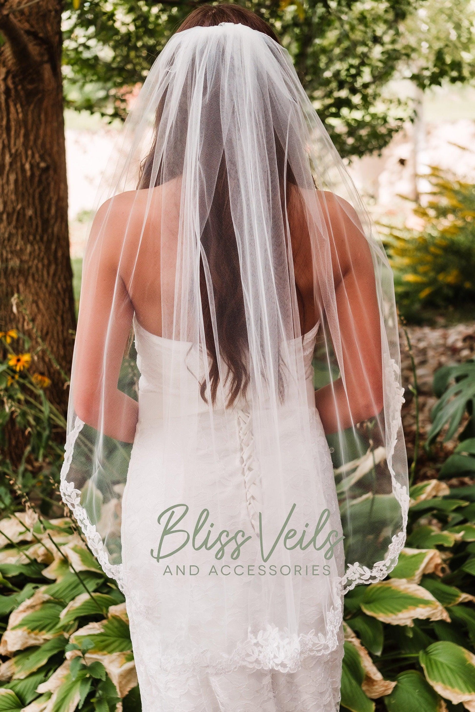 Lace Trim Wedding Veil:  Elegant One Tier Bridal Veil, Ivory or White