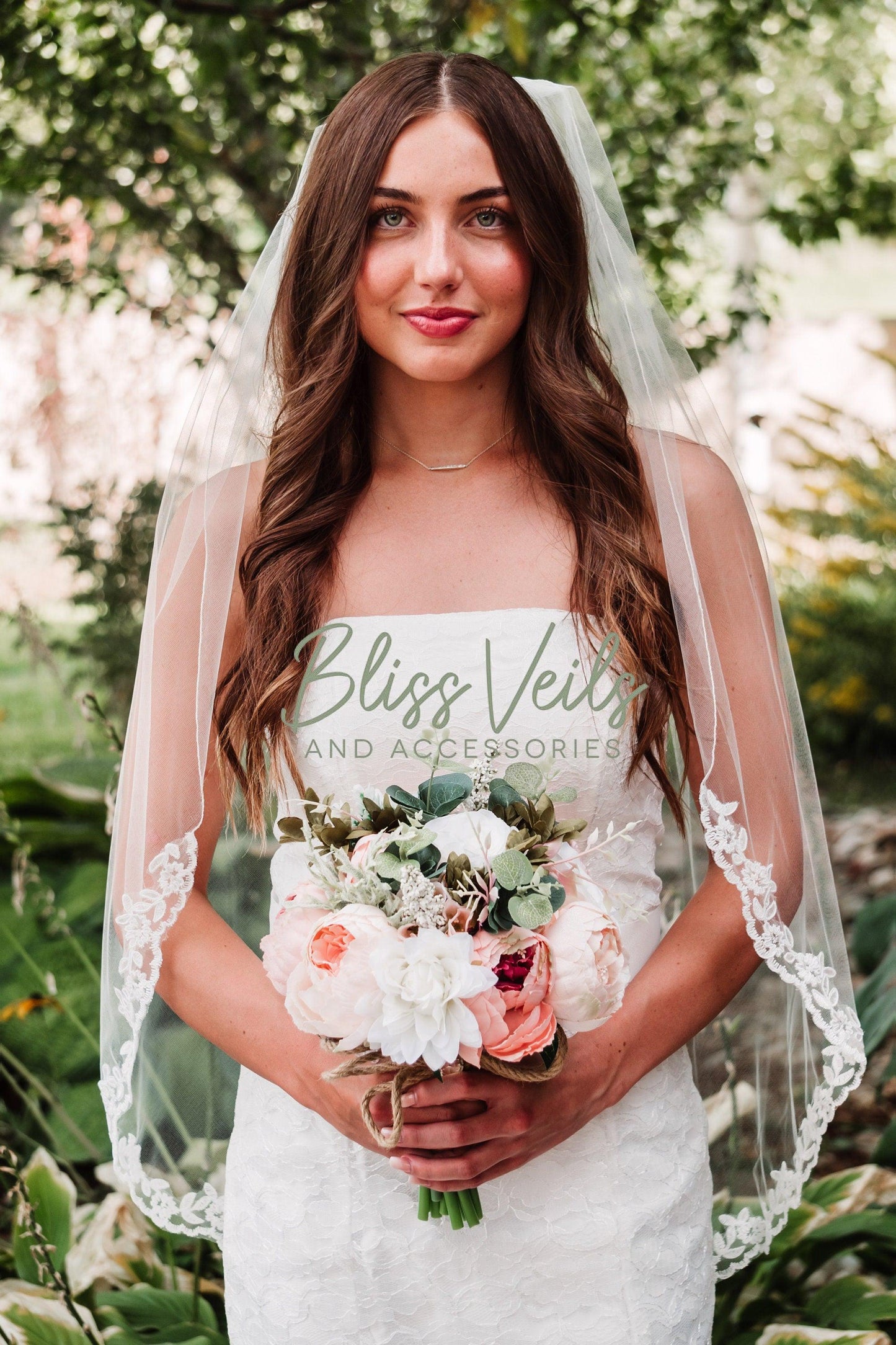 Lace Trim Wedding Veil:  Elegant One Tier Bridal Veil, Ivory or White