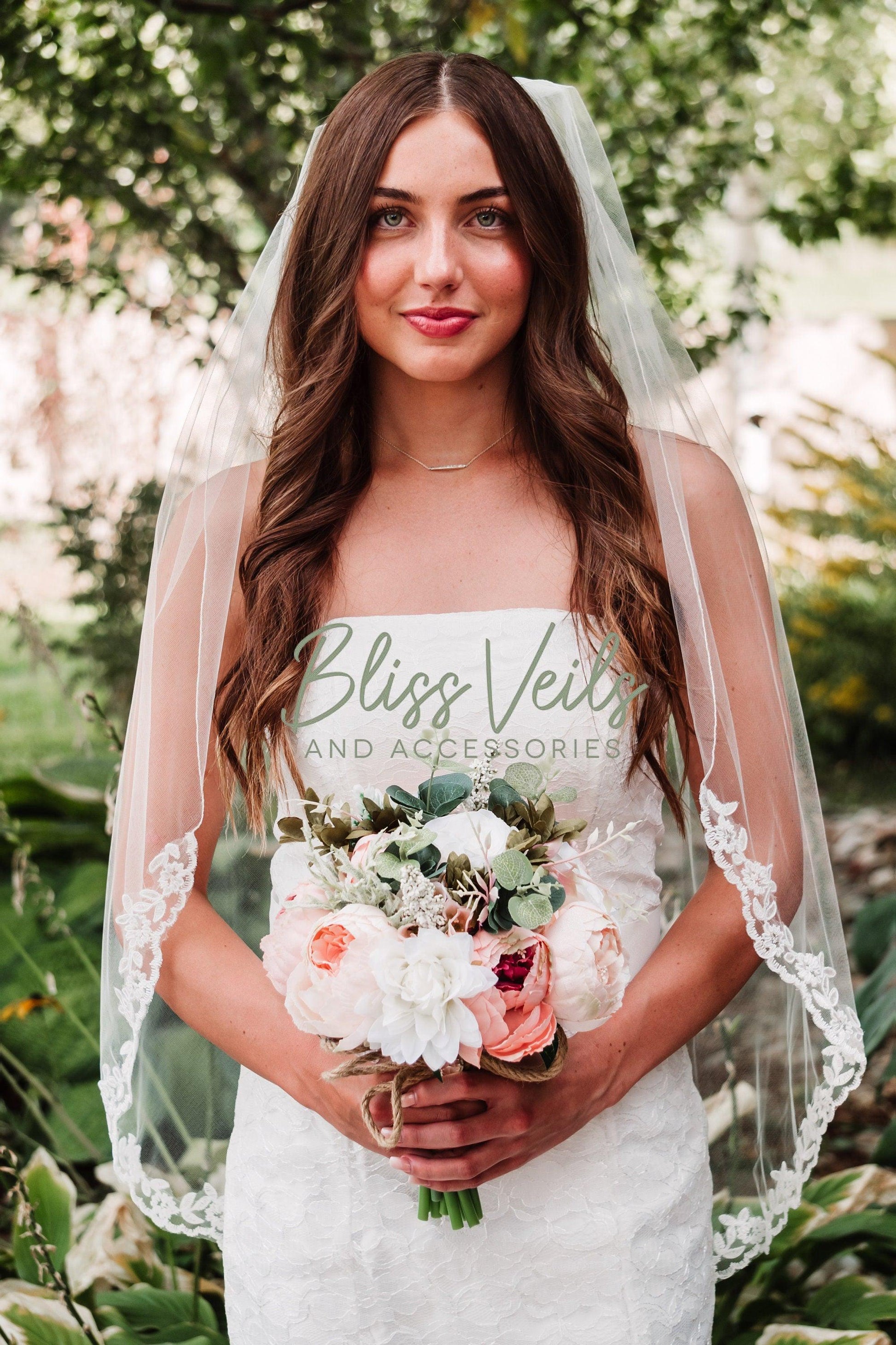 Lace Trim Wedding Veil:  Elegant One Tier Bridal Veil, Ivory or White