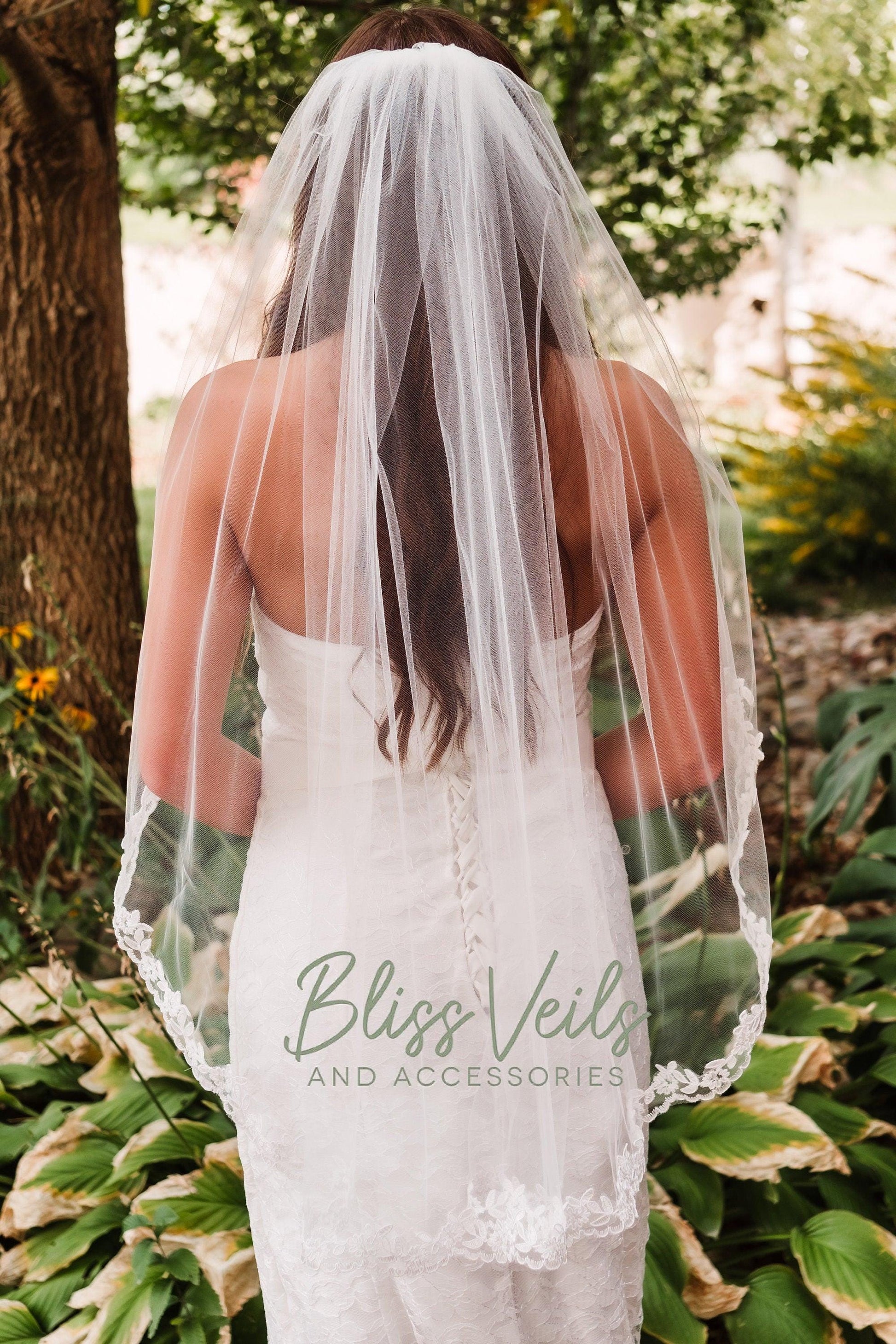 Lace Trim Wedding Veil:  Elegant One Tier Bridal Veil, Ivory or White
