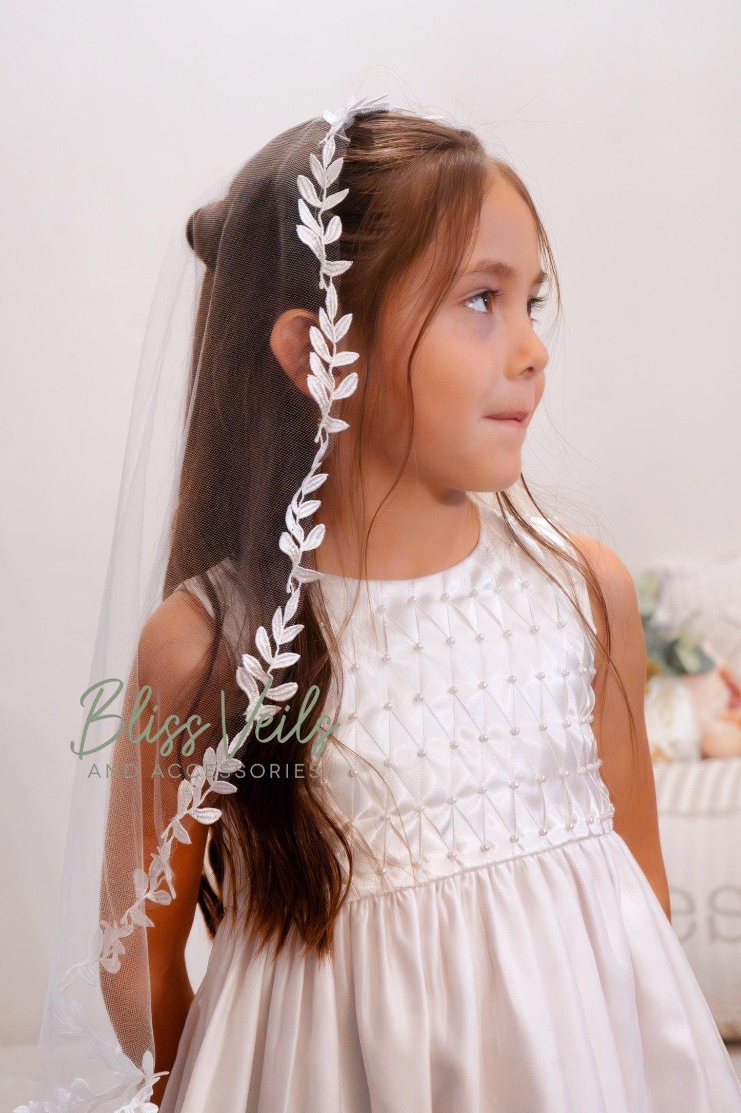 Off white First Communion mantilla veil with thin leaf lace edge, 25" soft tulle design for Catholic ceremonies