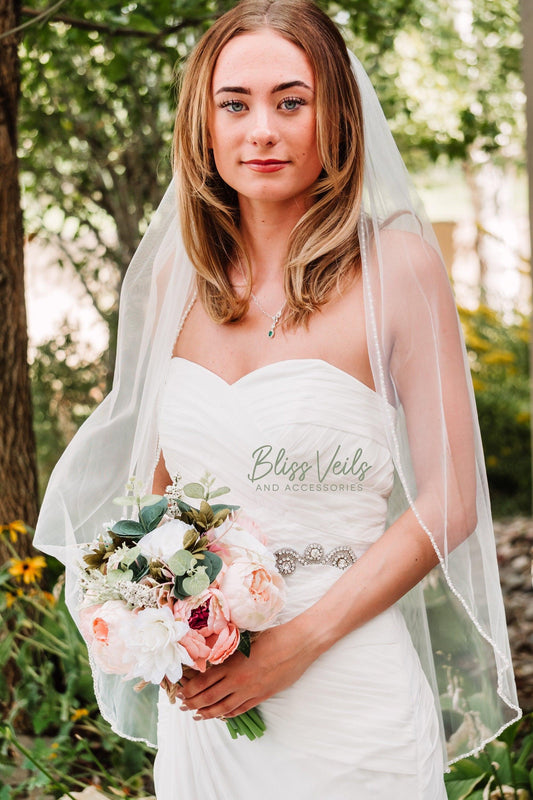 One tier crystal and pearl beaded wedding veil in soft white or ivory, fingertip or cathedral length, sewn to silver comb