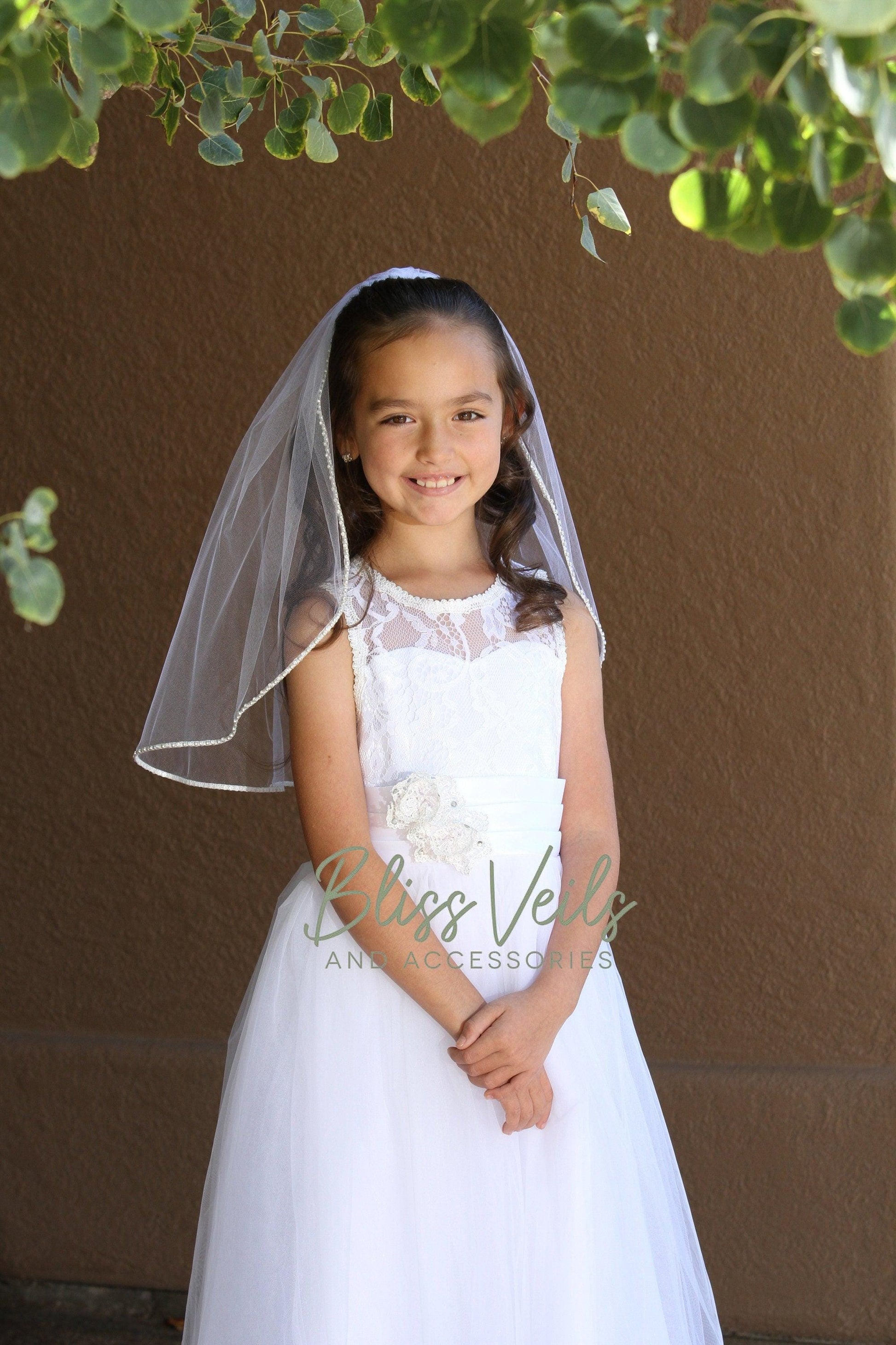 Pearl Rhinestone First Communion Veil: One-Layer Soft Tulle