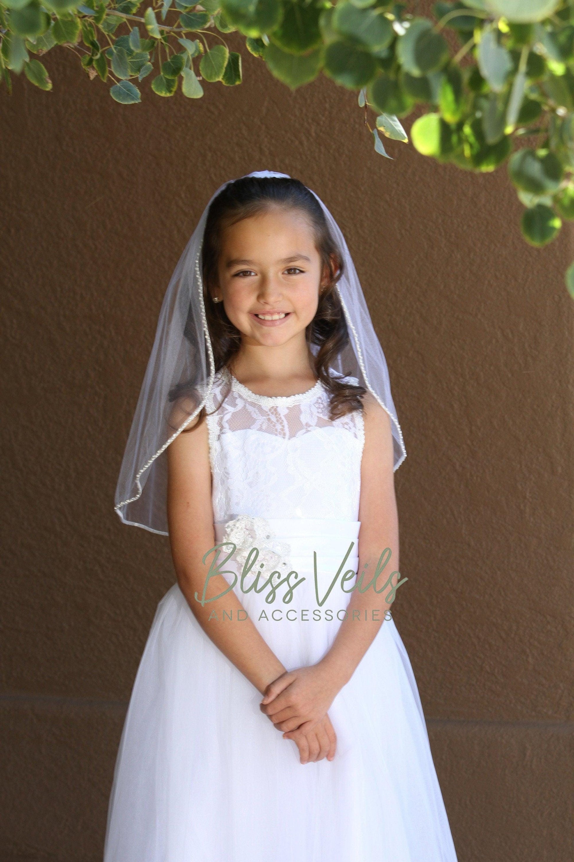 Pearl Rhinestone First Communion Veil: One-Layer Soft Tulle
