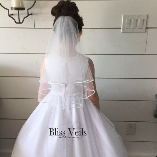 Pearl trim First Communion veil with soft tulle and traditional design
