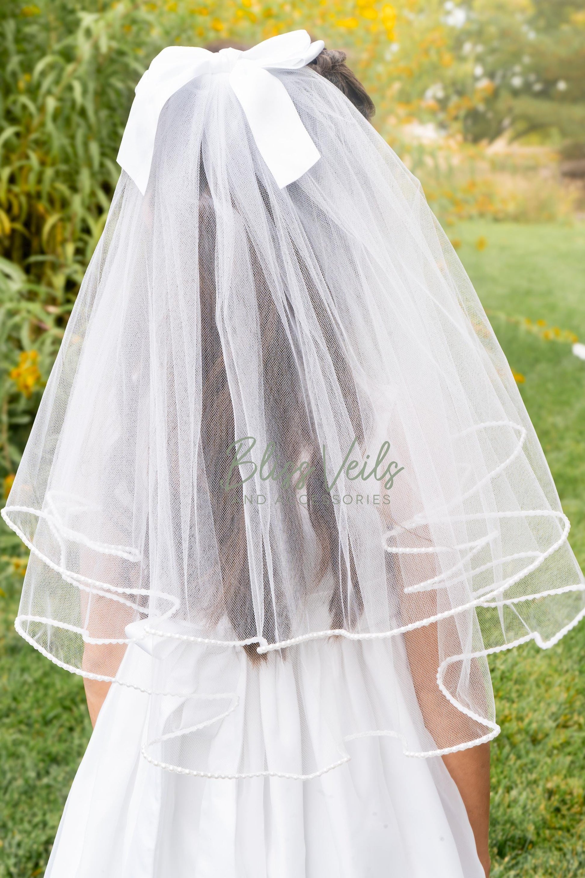 Pearl Trim First Communion Veil with Bow: Two Layer Soft Tulle