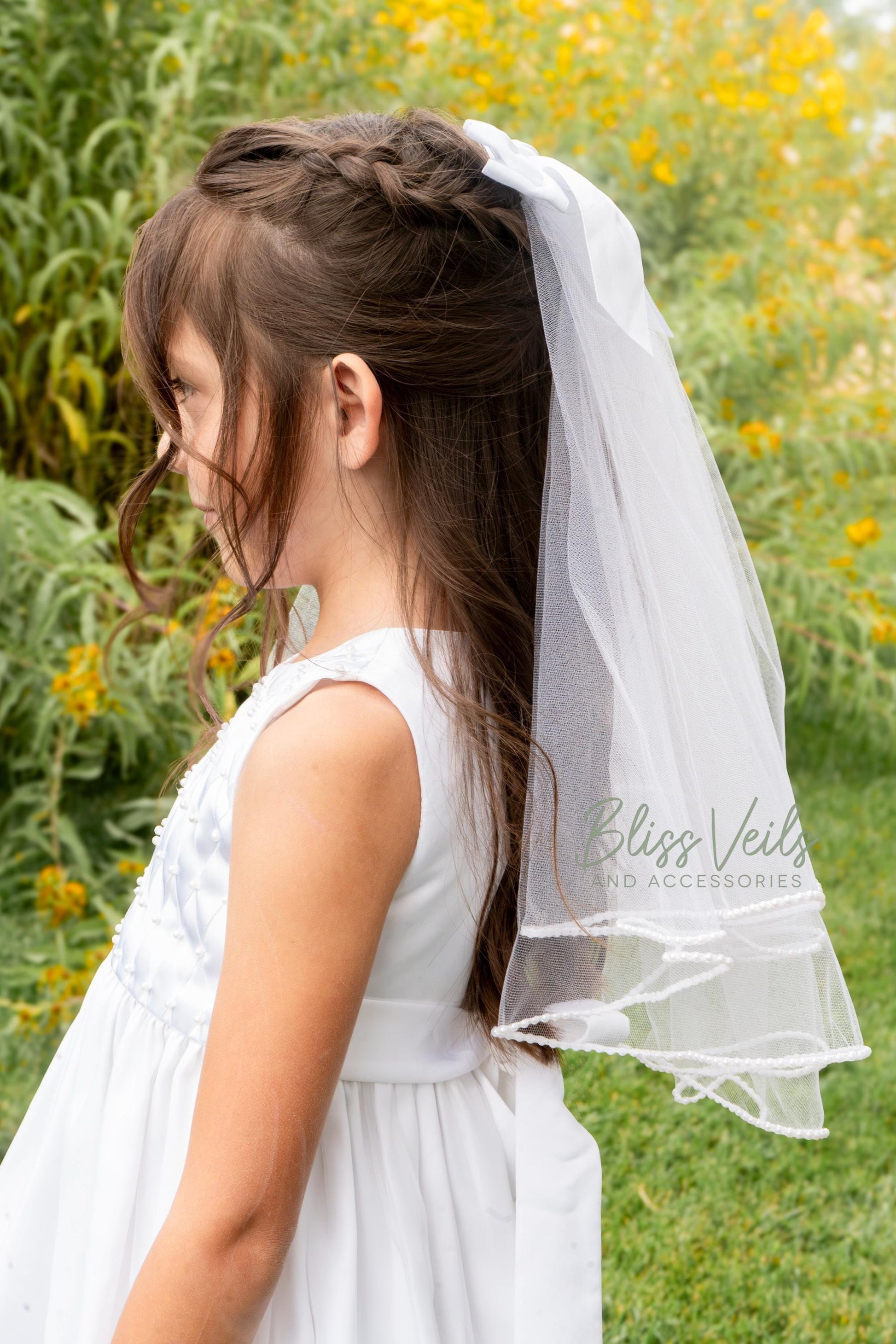 Pearl Trim First Communion Veil with Bow: Two Layer Soft Tulle