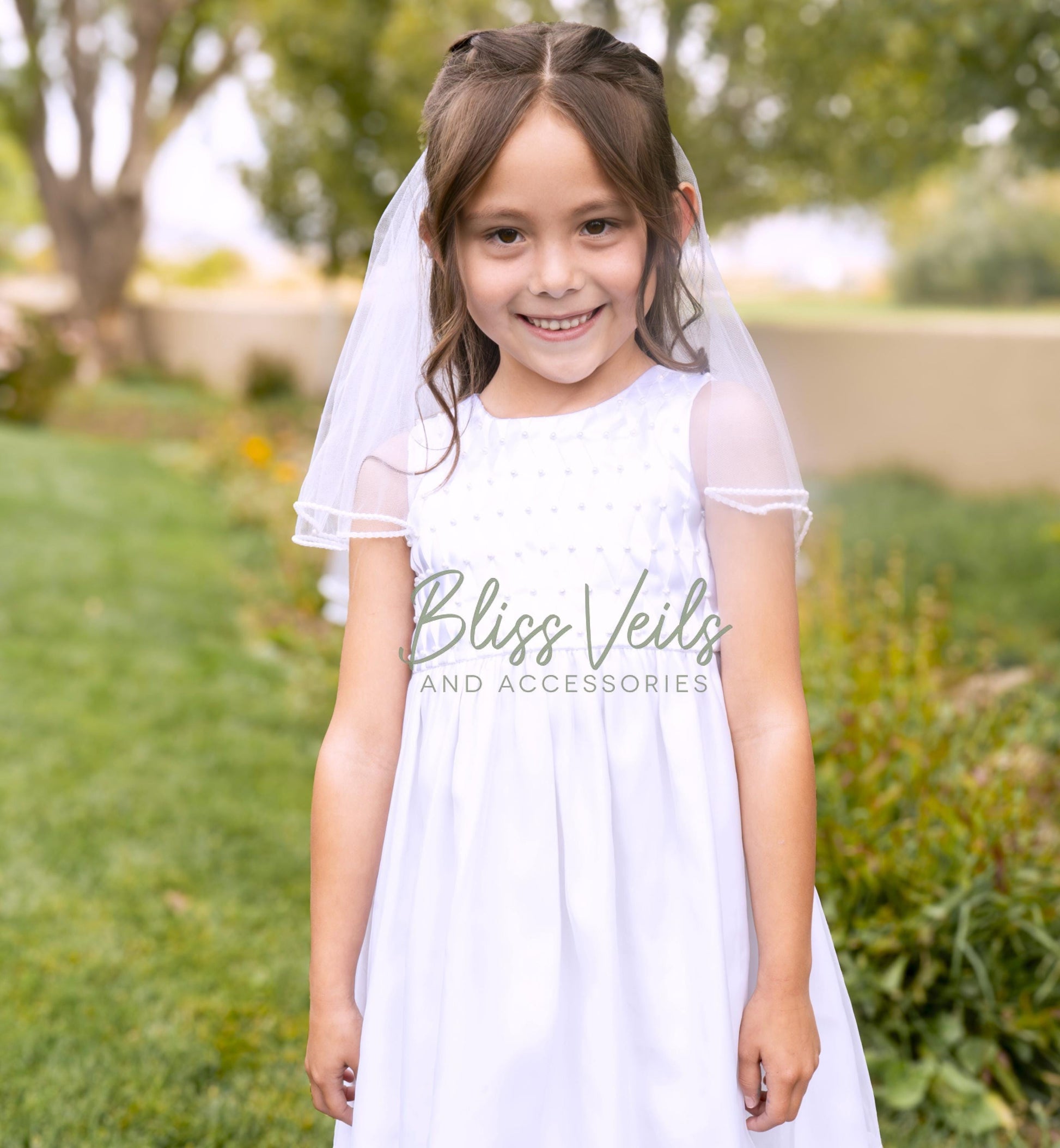 Pearl Trim First Communion Veil with Bow: Two Layer Soft Tulle