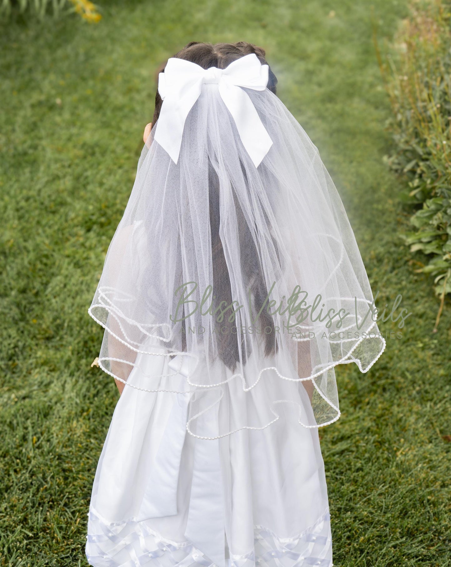 Pearl Trim First Communion Veil with Bow: Two Layer Soft Tulle