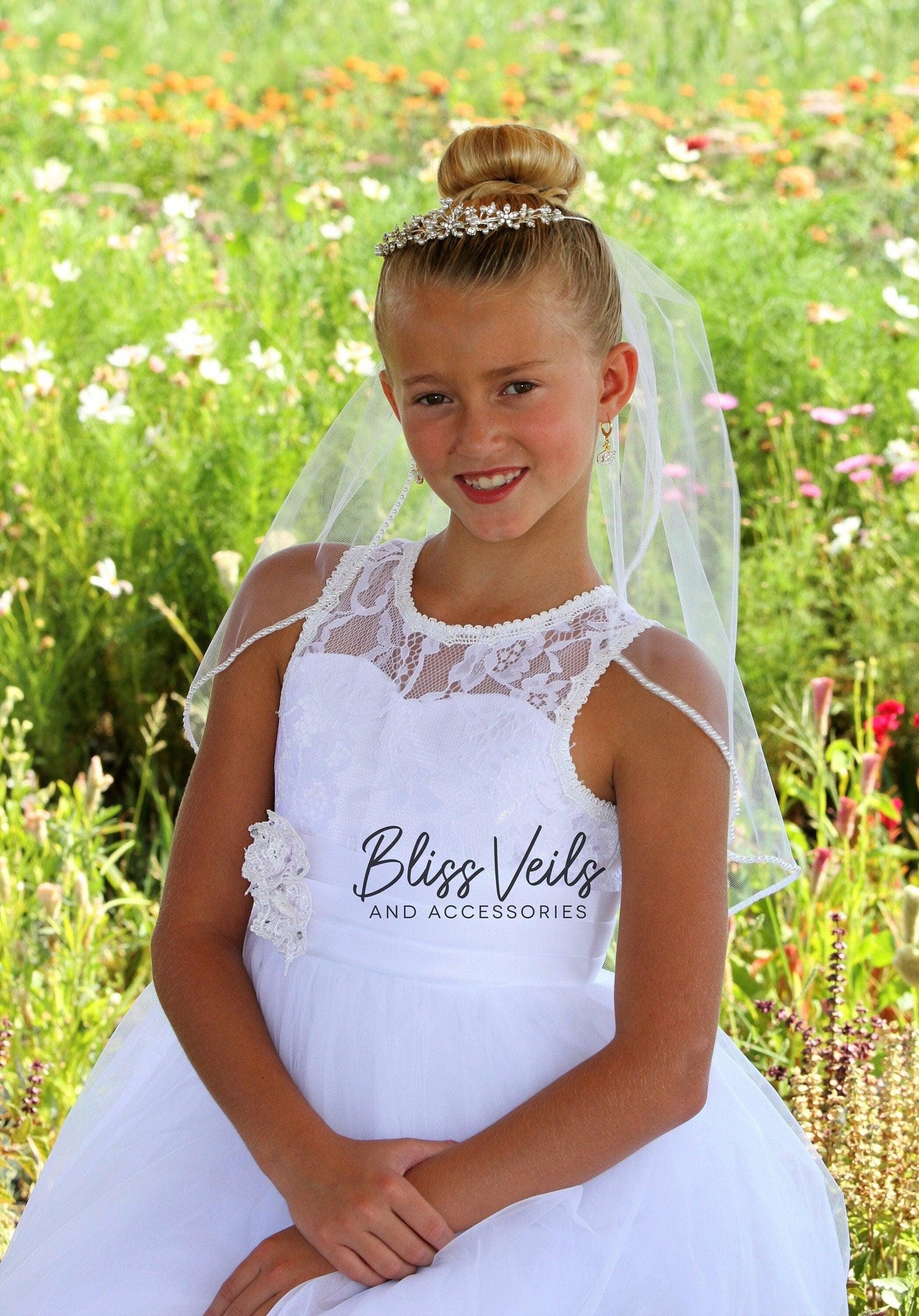 Bright white First Communion veil with pearl trim and crystal pearl tiara, perfect Catholic ceremony accessory for girls